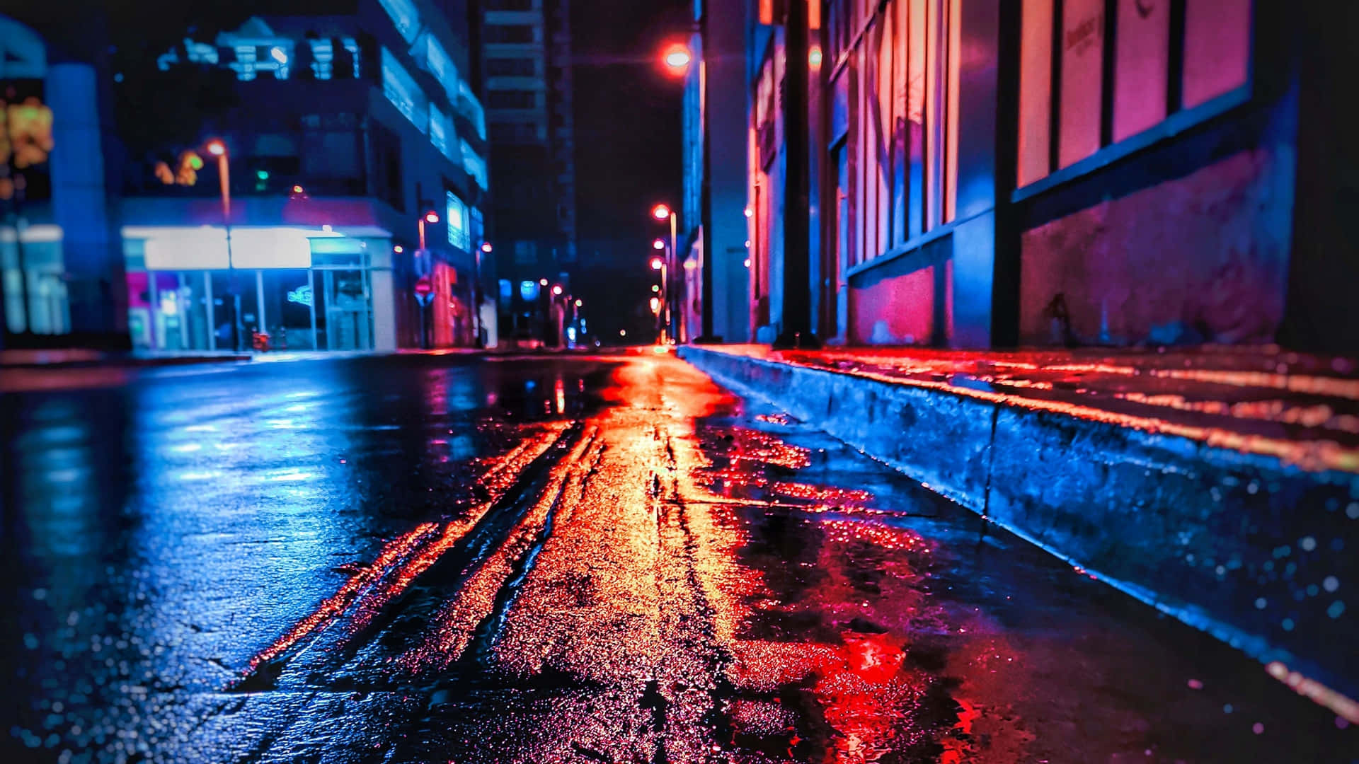 ネオンシティの雨の街並み背景 壁紙