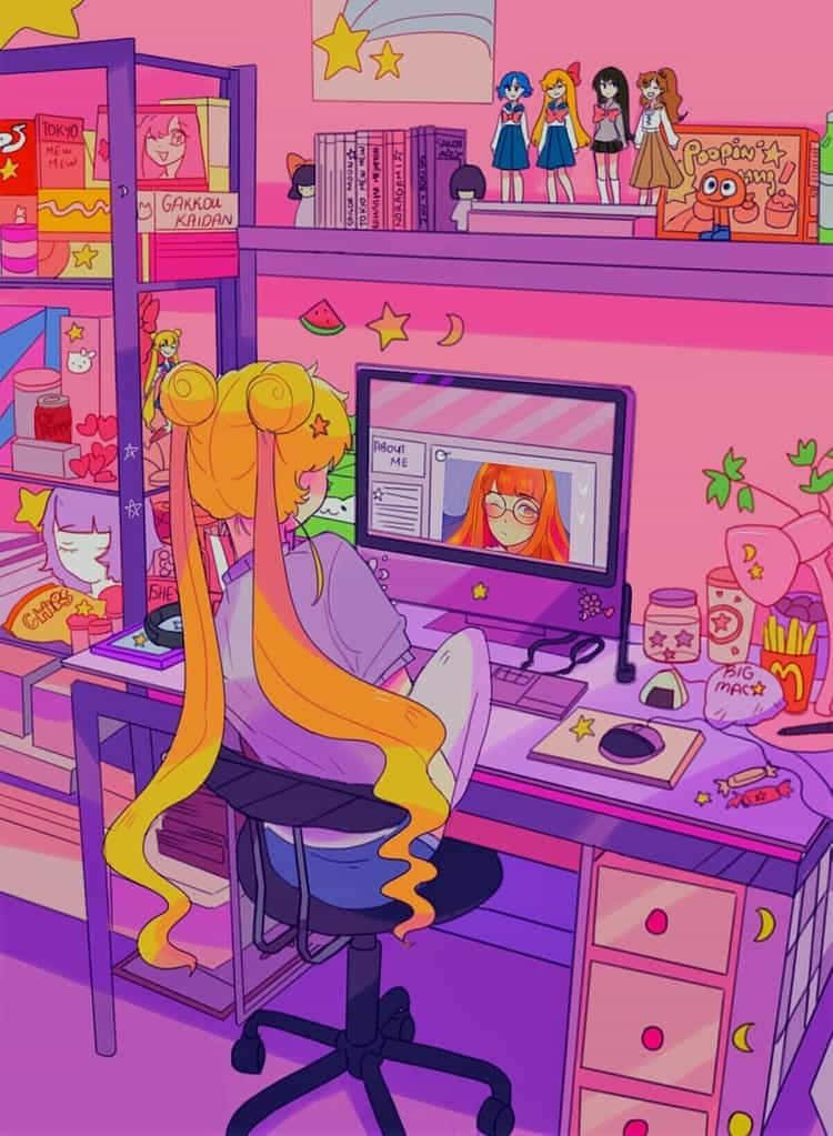 ネオンピンクのセーラームーン 90年代アニメ風 壁紙