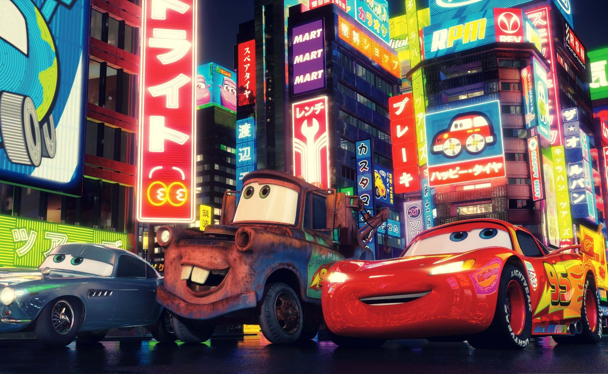 ネオンライトが輝く街の車 壁紙