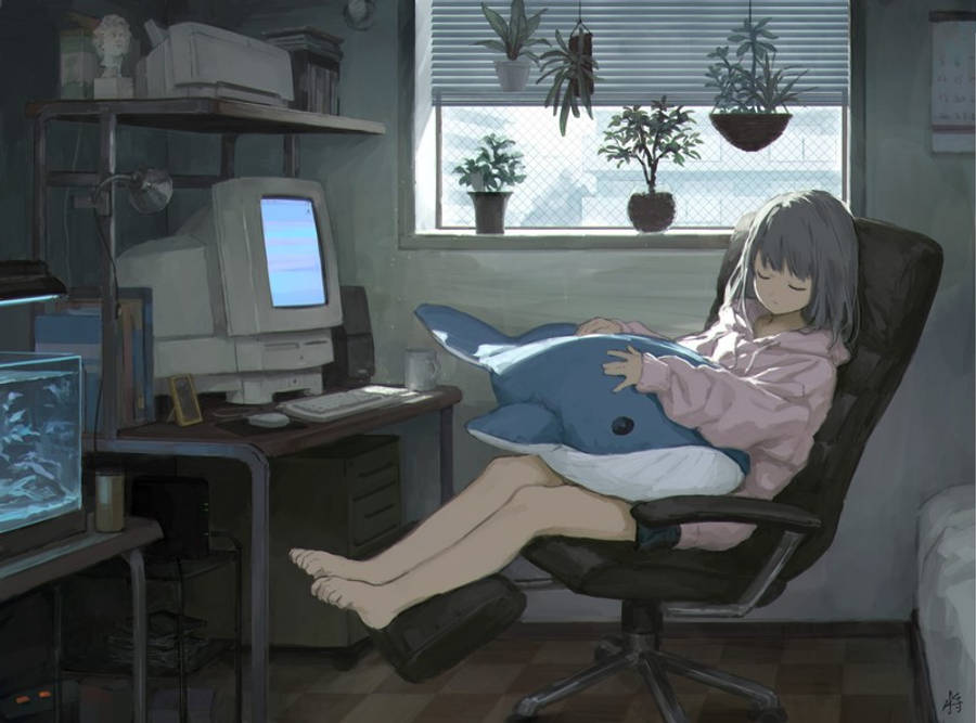 ノートパソコンの前で眠るアニメ少女 壁紙