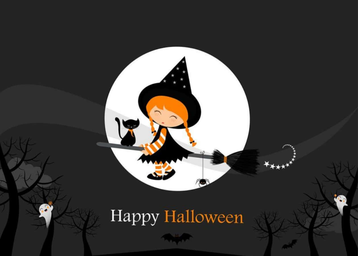 ハロウィン カートゥーン魔女の少女と黒猫の画像 壁紙