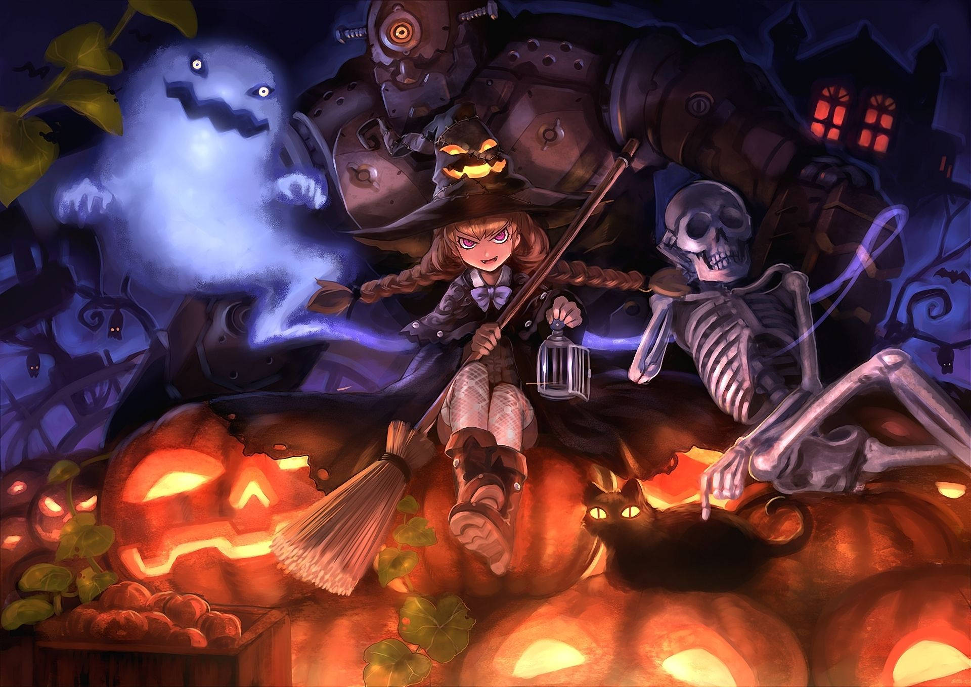 ハロウィンのアニメ少女、ゴースト・スケルトン・ロボットと一緒に 壁紙