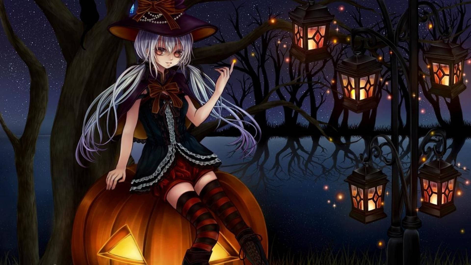 ハロウィンのカボチャに座る少女 壁紙