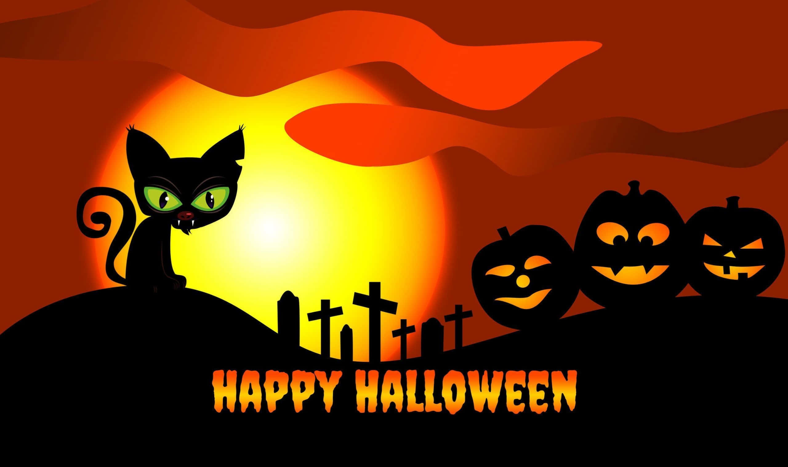 ハロウィンの漫画風猫と墓地のかぼちゃの画像 壁紙
