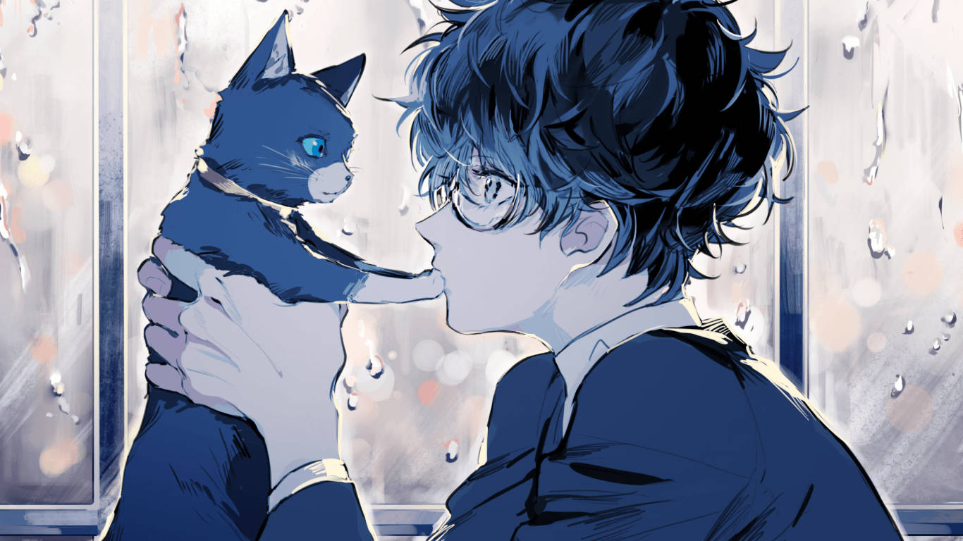 ハンサムなアニメ少年 アキラと猫 壁紙