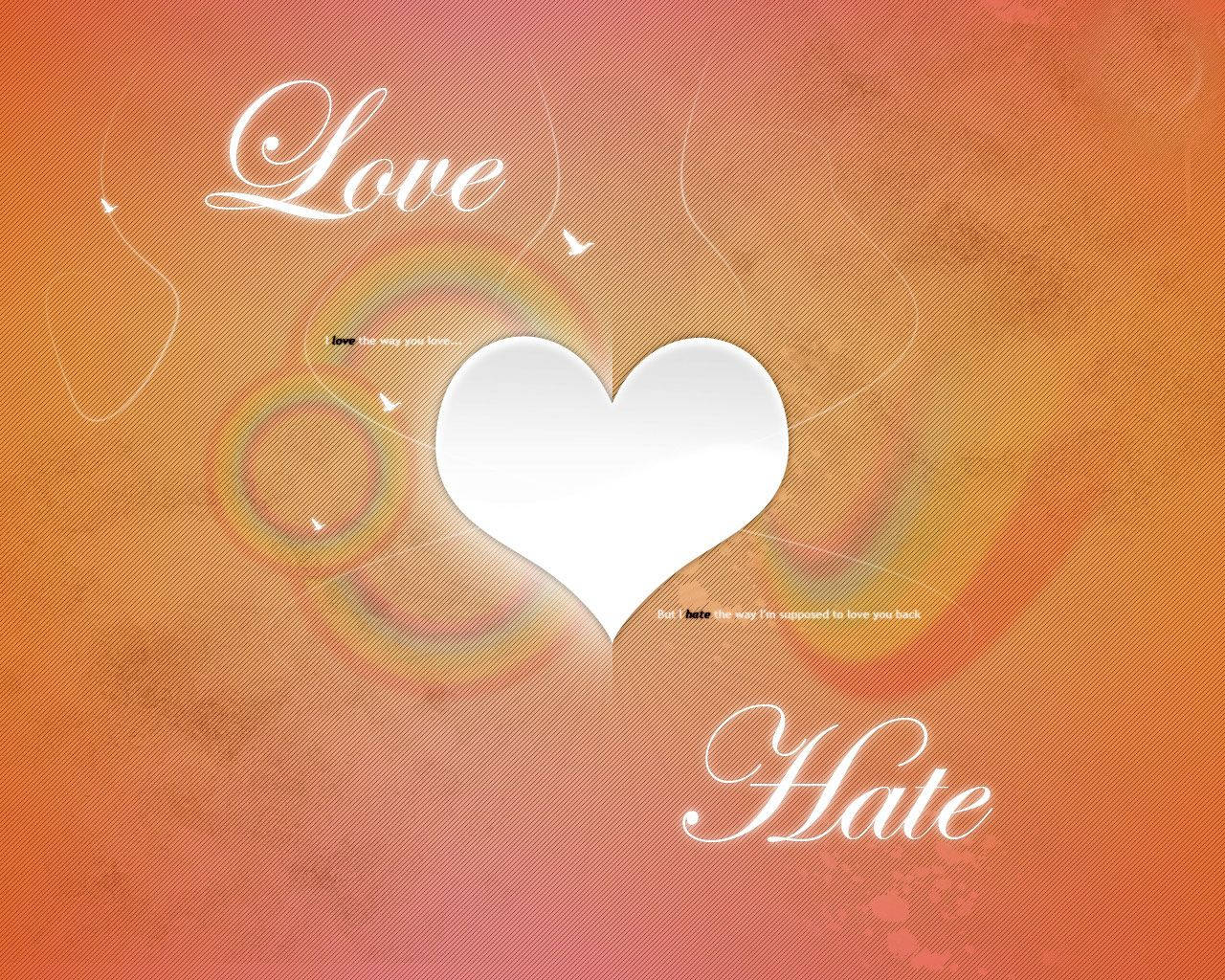 オレンジ色の背景に「love」と「hate」というテキストが入った白いロマンチックなハートと、色あせた虹