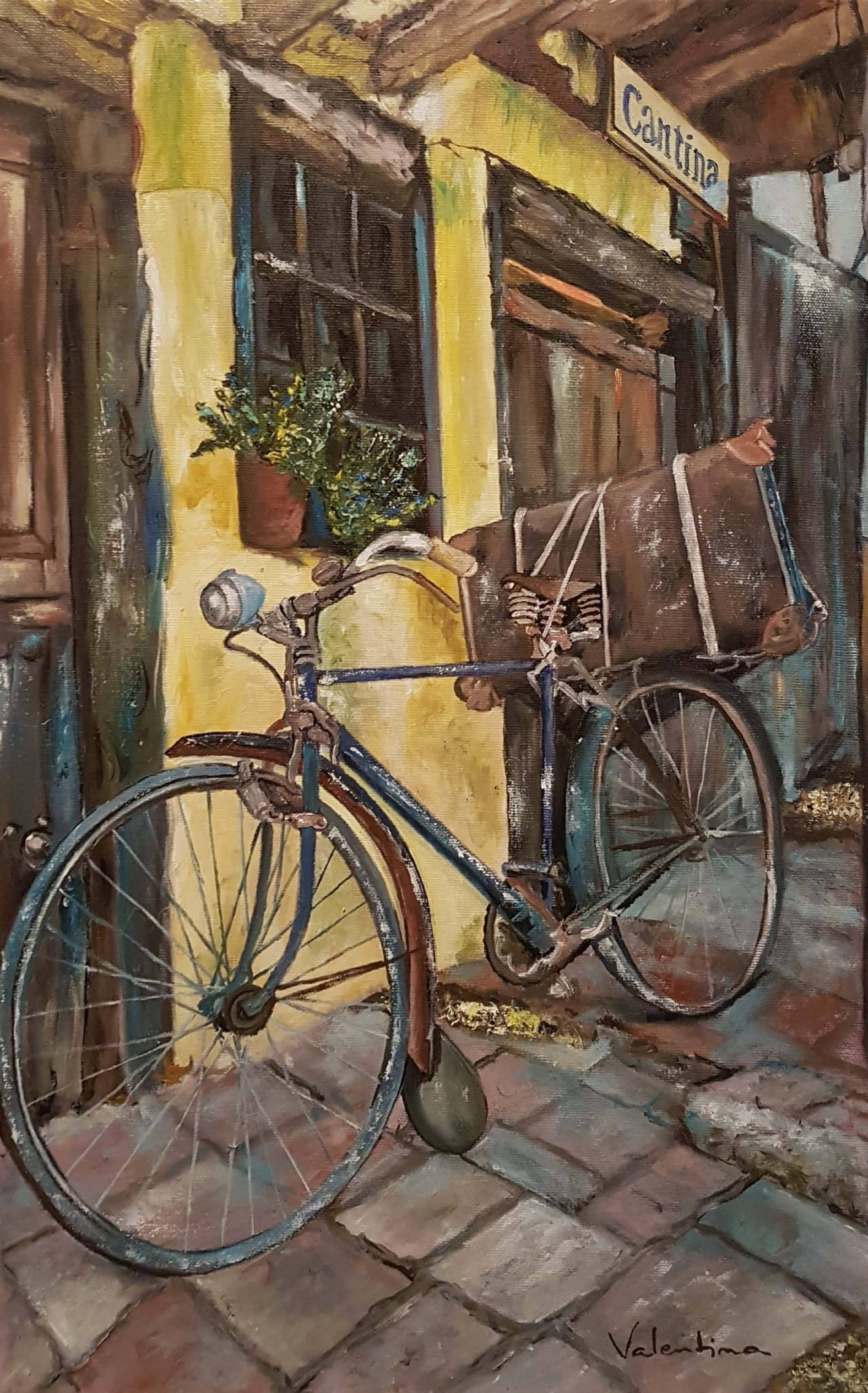 パティオの自転車の絵画 壁紙