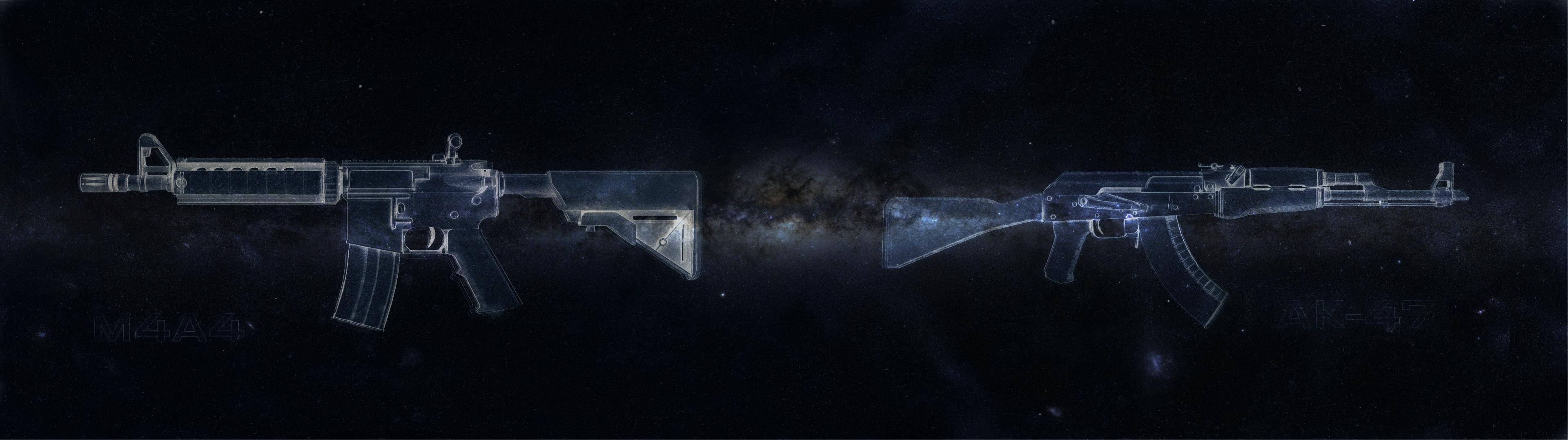 宇宙空間に2丁のライフル銃が描かれたデュアルモニター用壁紙