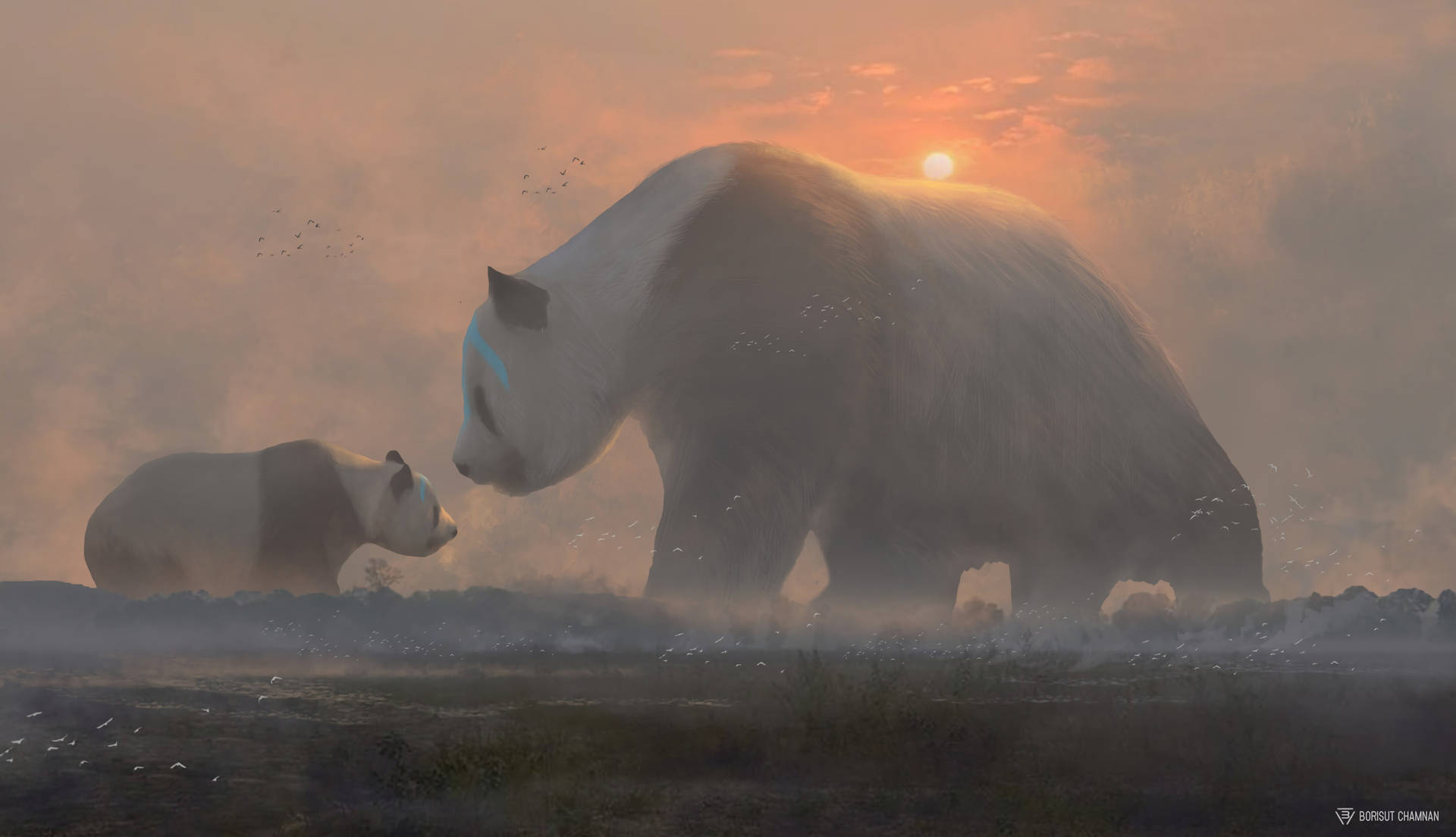 パンダと子パンダの曇った夕日のデスクトップ壁紙