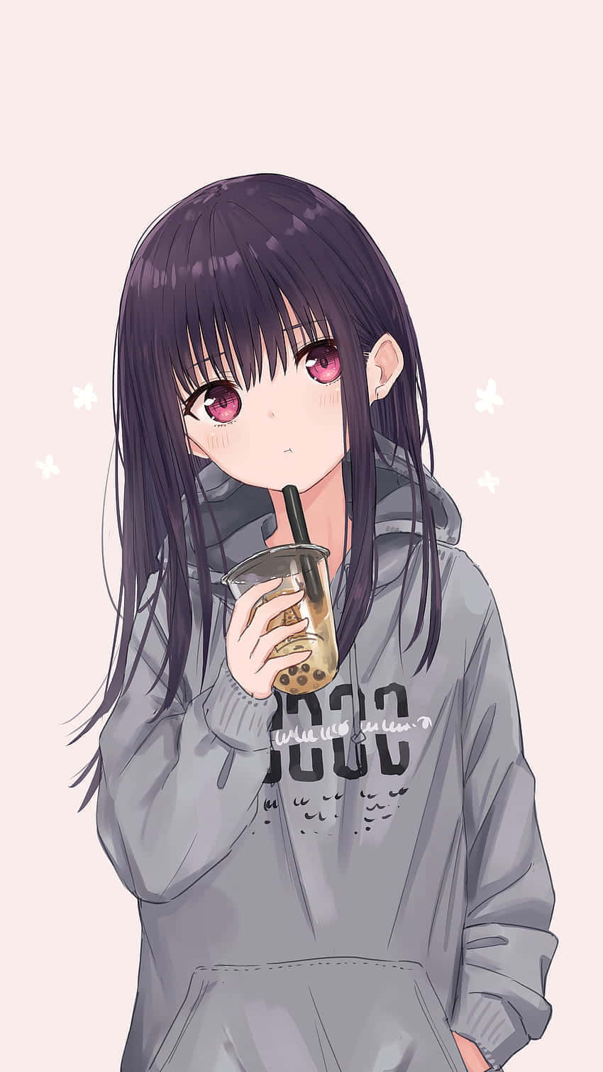 パーカーを着てタピオカミルクティーを飲むアニメ少女の画像 壁紙