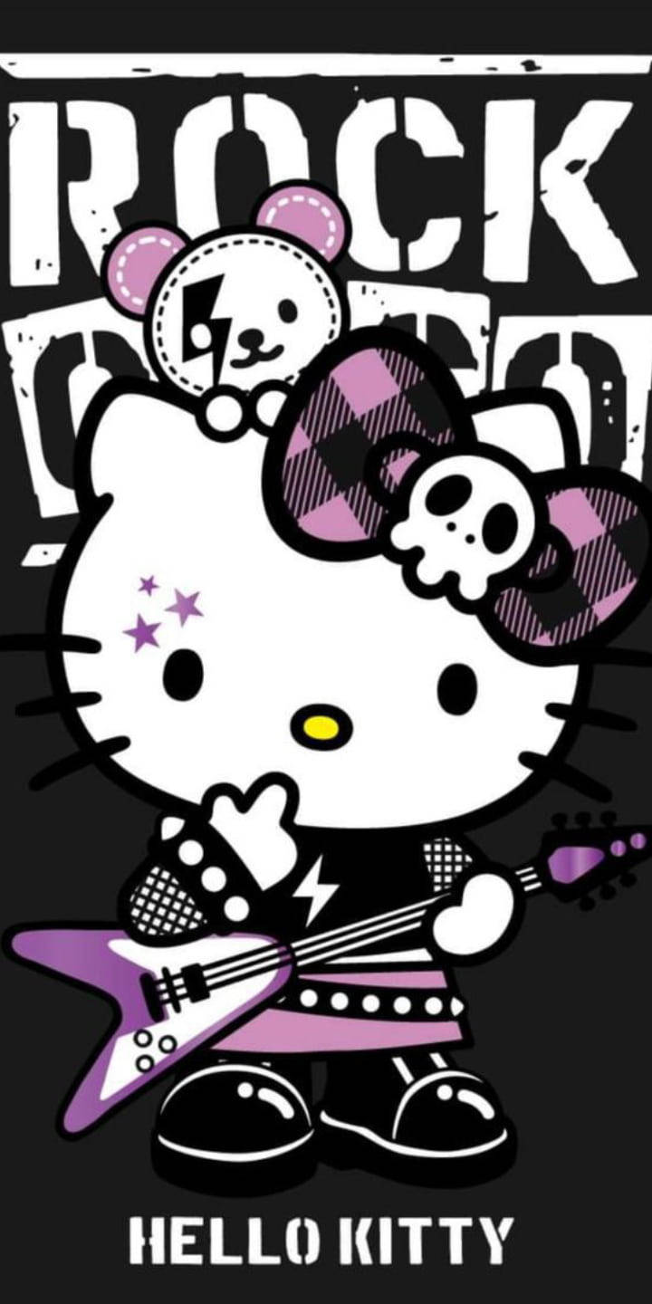 パープル＆ブラックのハローキティ ロックスター 壁紙