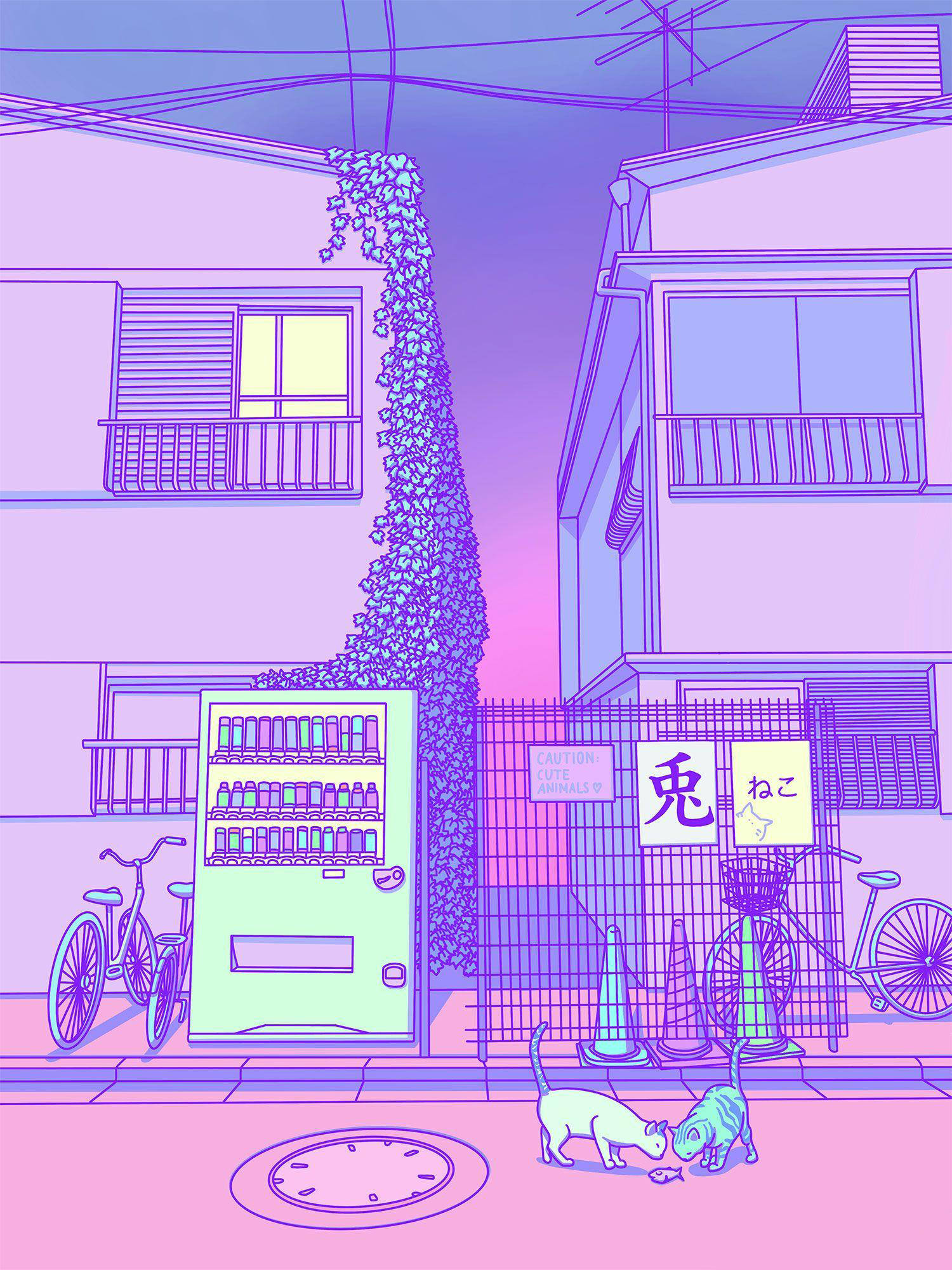 パープルパステル調の東京ストリート 壁紙
