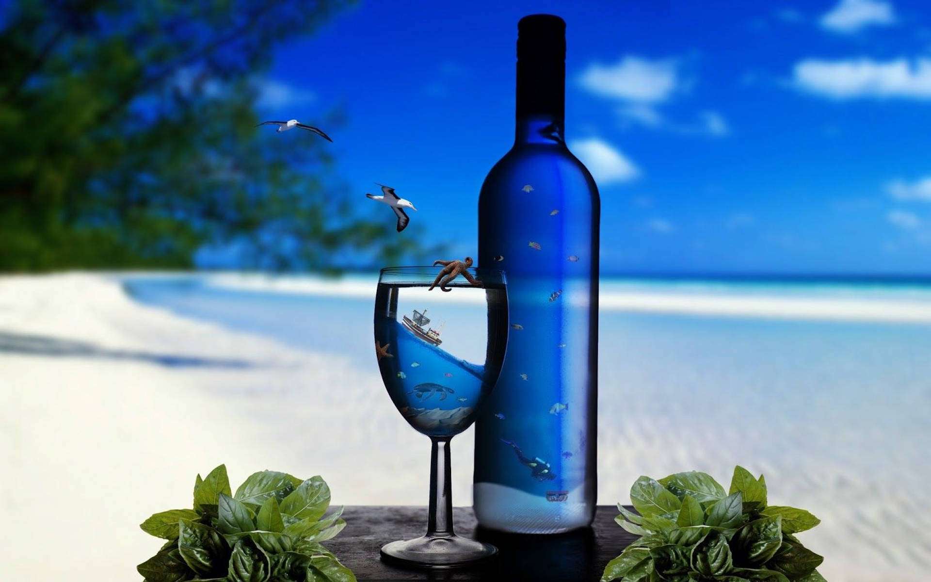 ビーチでの青い海の飲み物のHD壁紙