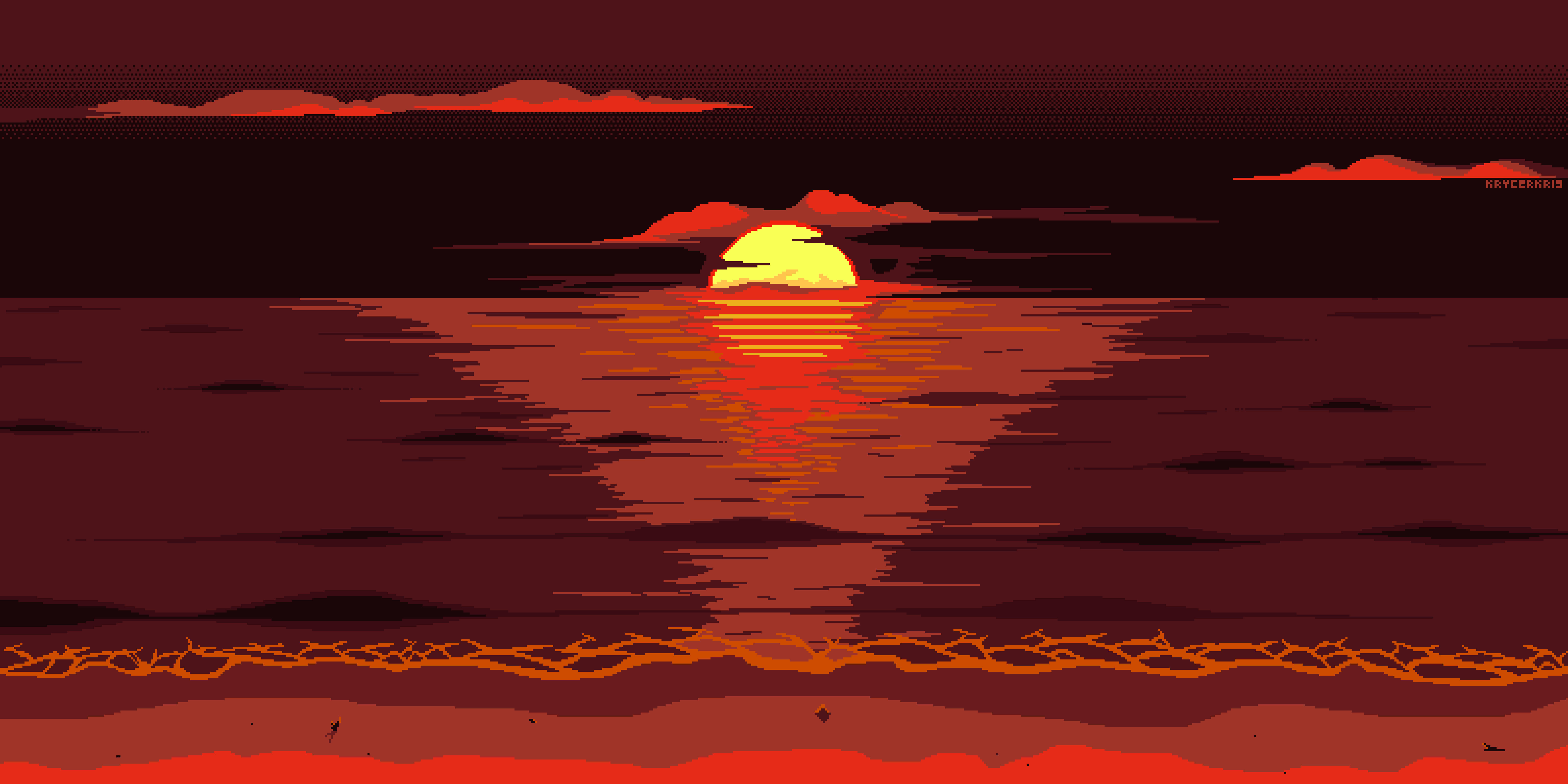 ビーチの夕焼けを描いた美的ピクセルアート 壁紙