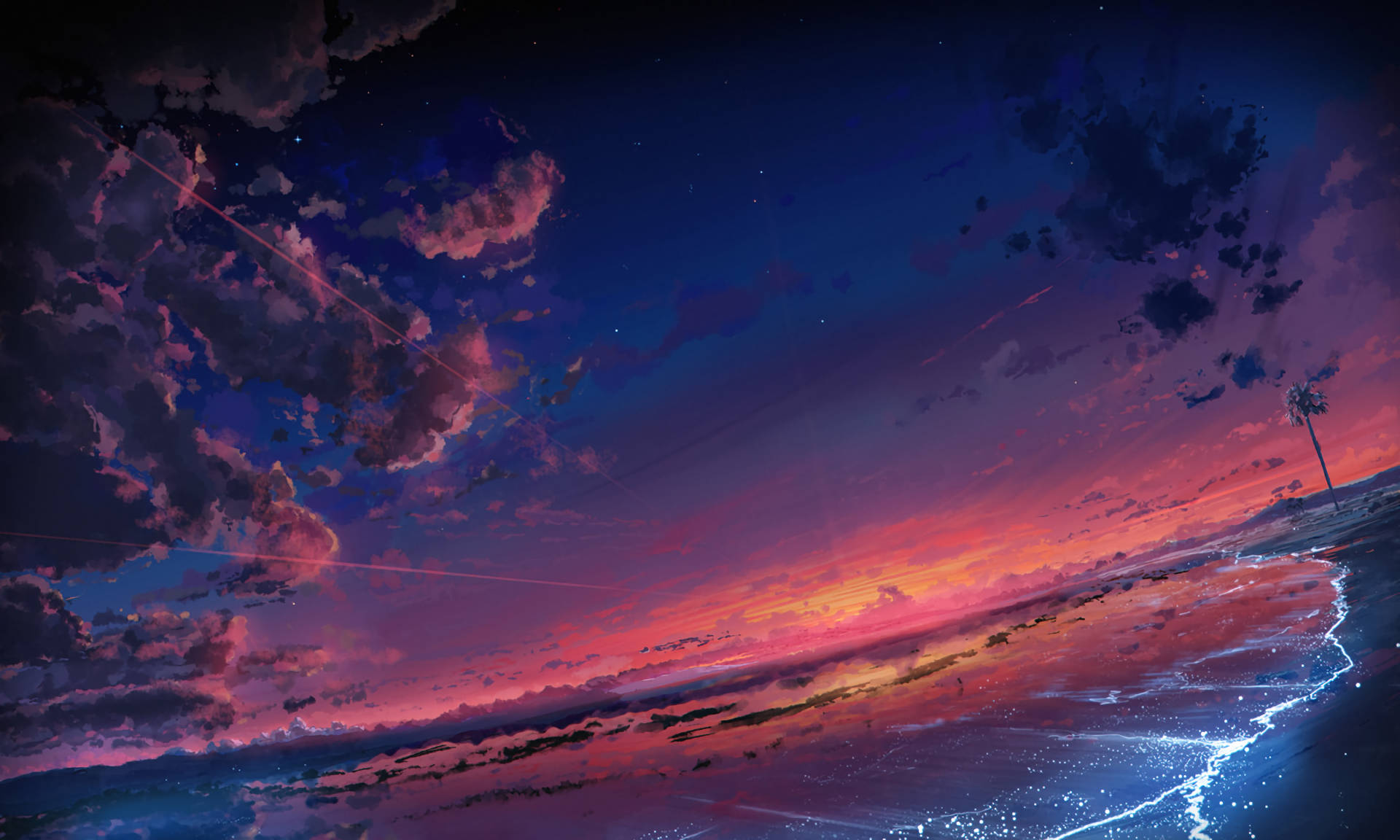 ビーチアニメ風美しい夕焼けデジタルペイント 壁紙