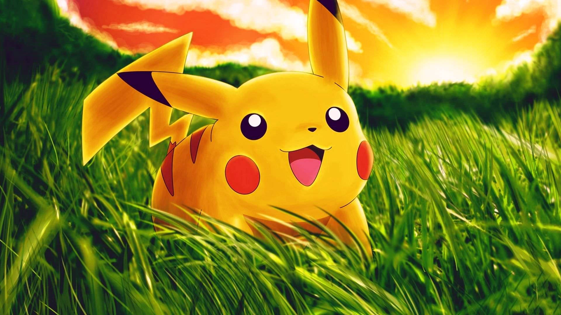 かわいいポケモンピカチュウが草原で遊ぶ壁紙