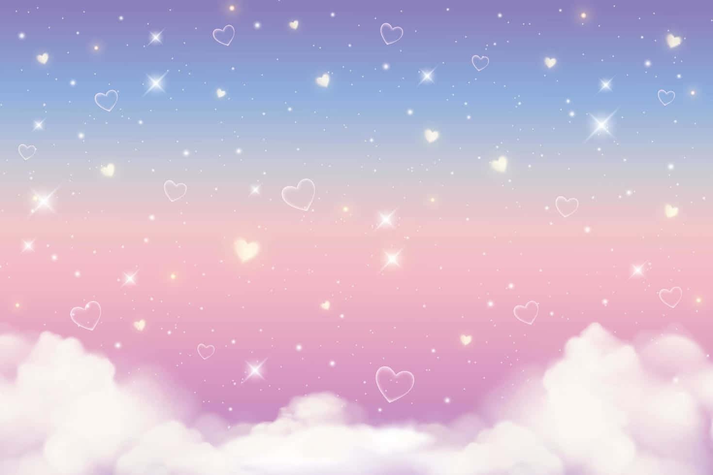 ピンクと紫の空に雲とハート 壁紙