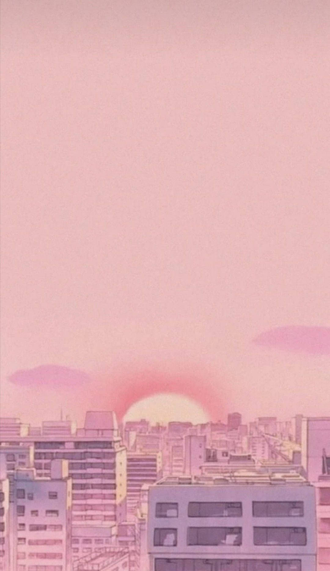 ピンクのアニメ風夕景とスカイライン 壁紙