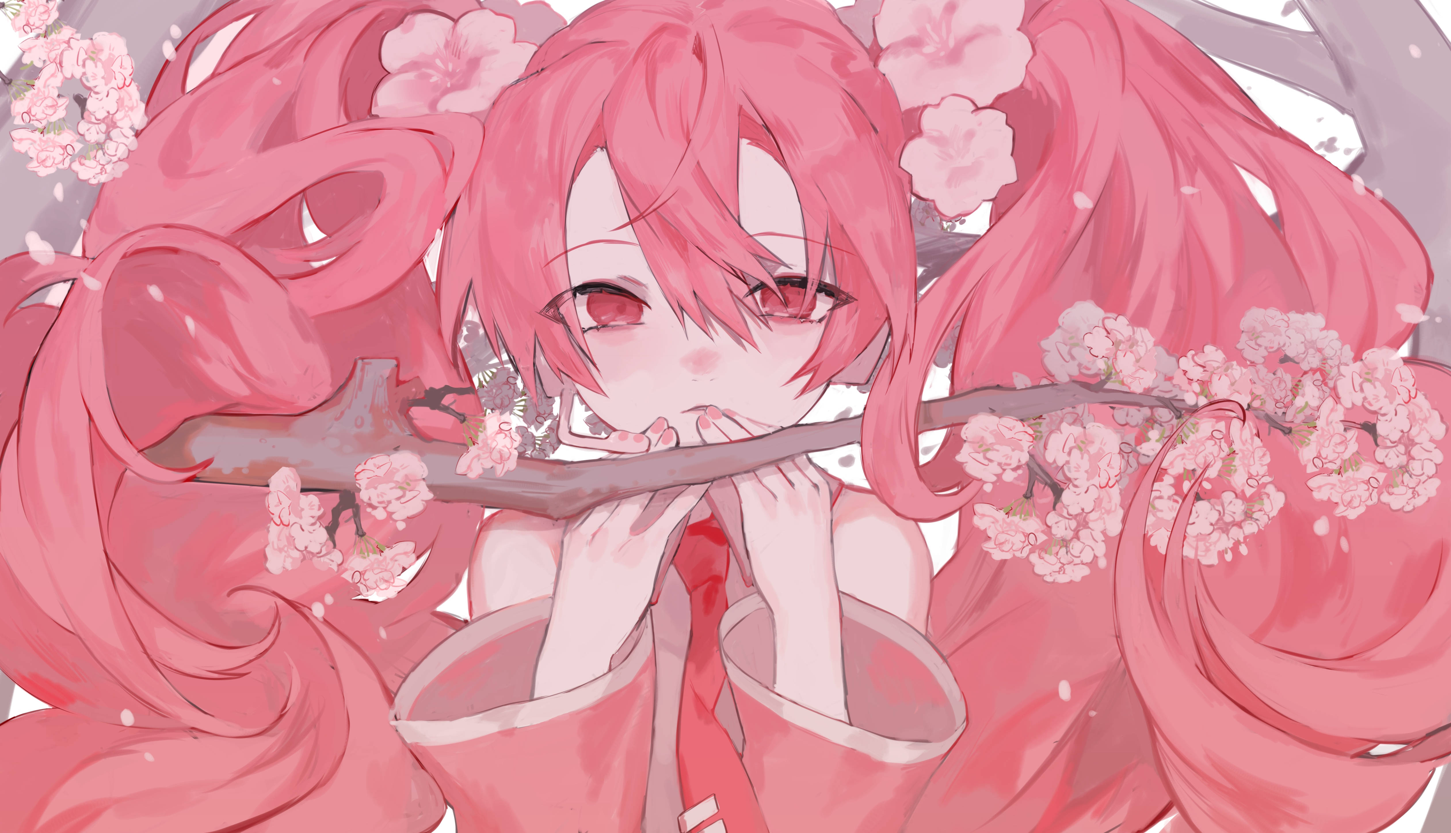 ピンクのアニメ風桜ミク 壁紙