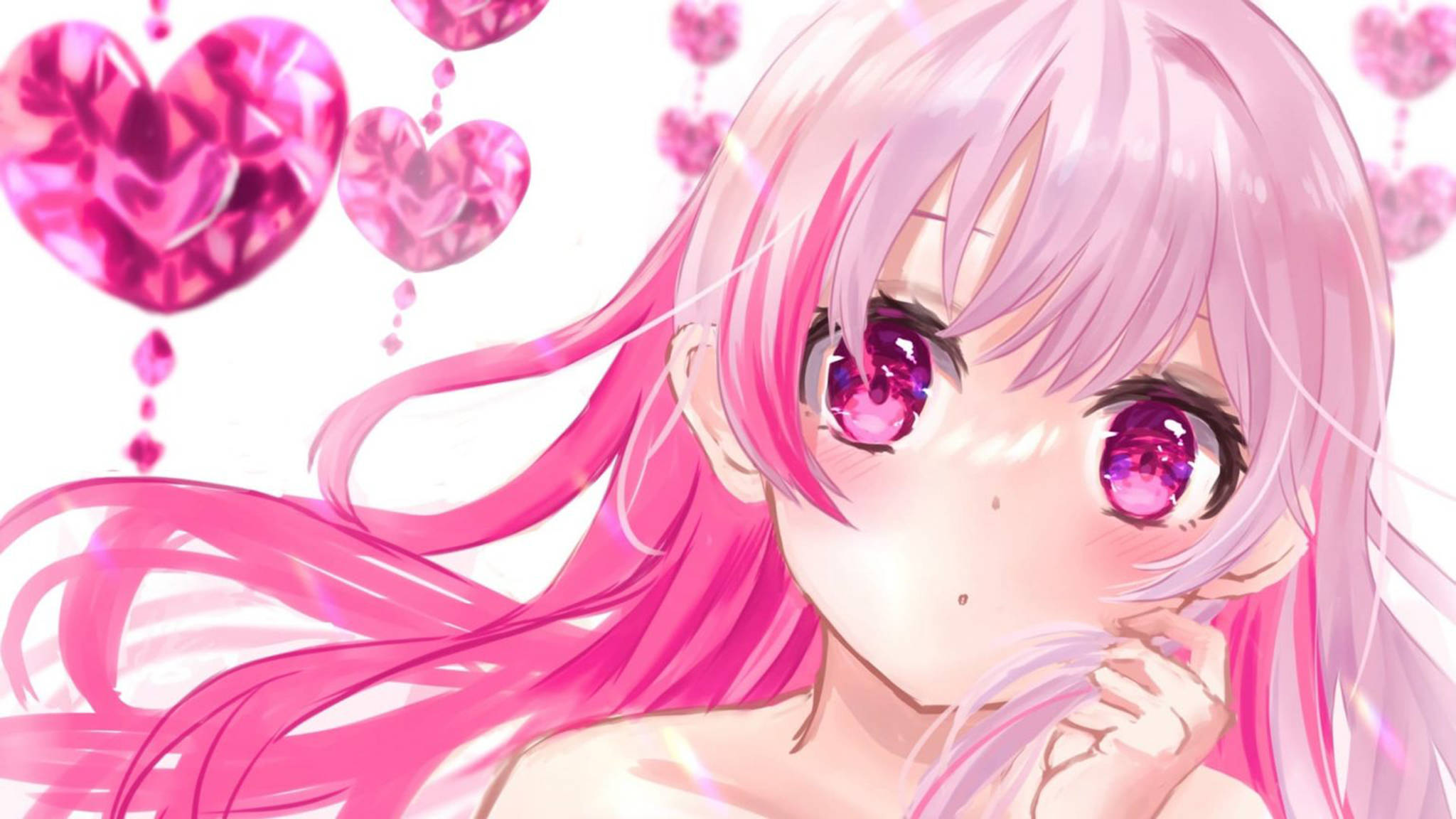 ピンクのアニメ風美少女とハート 壁紙
