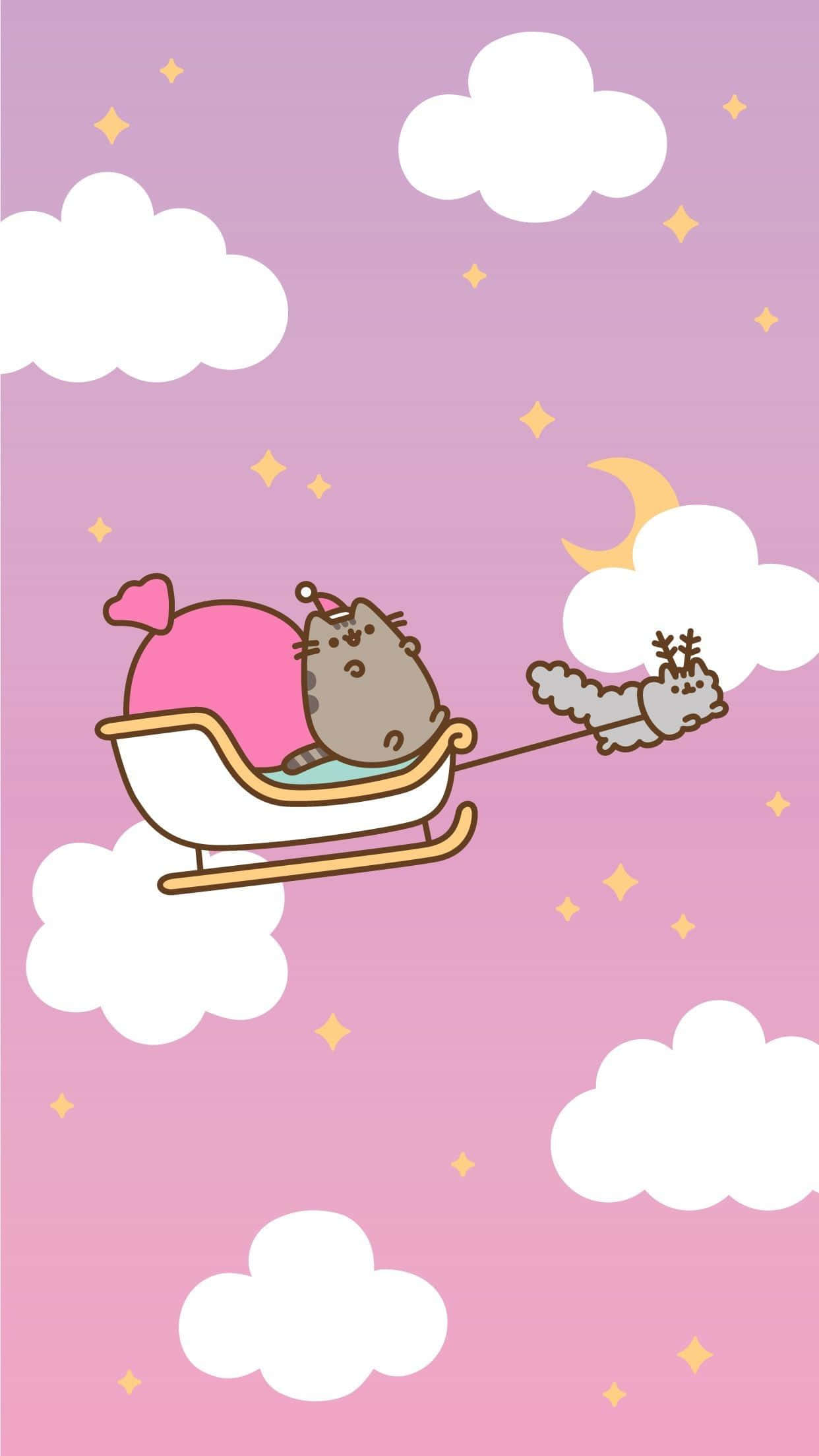ピンクのクリスマス プシーンキャット そり 壁紙