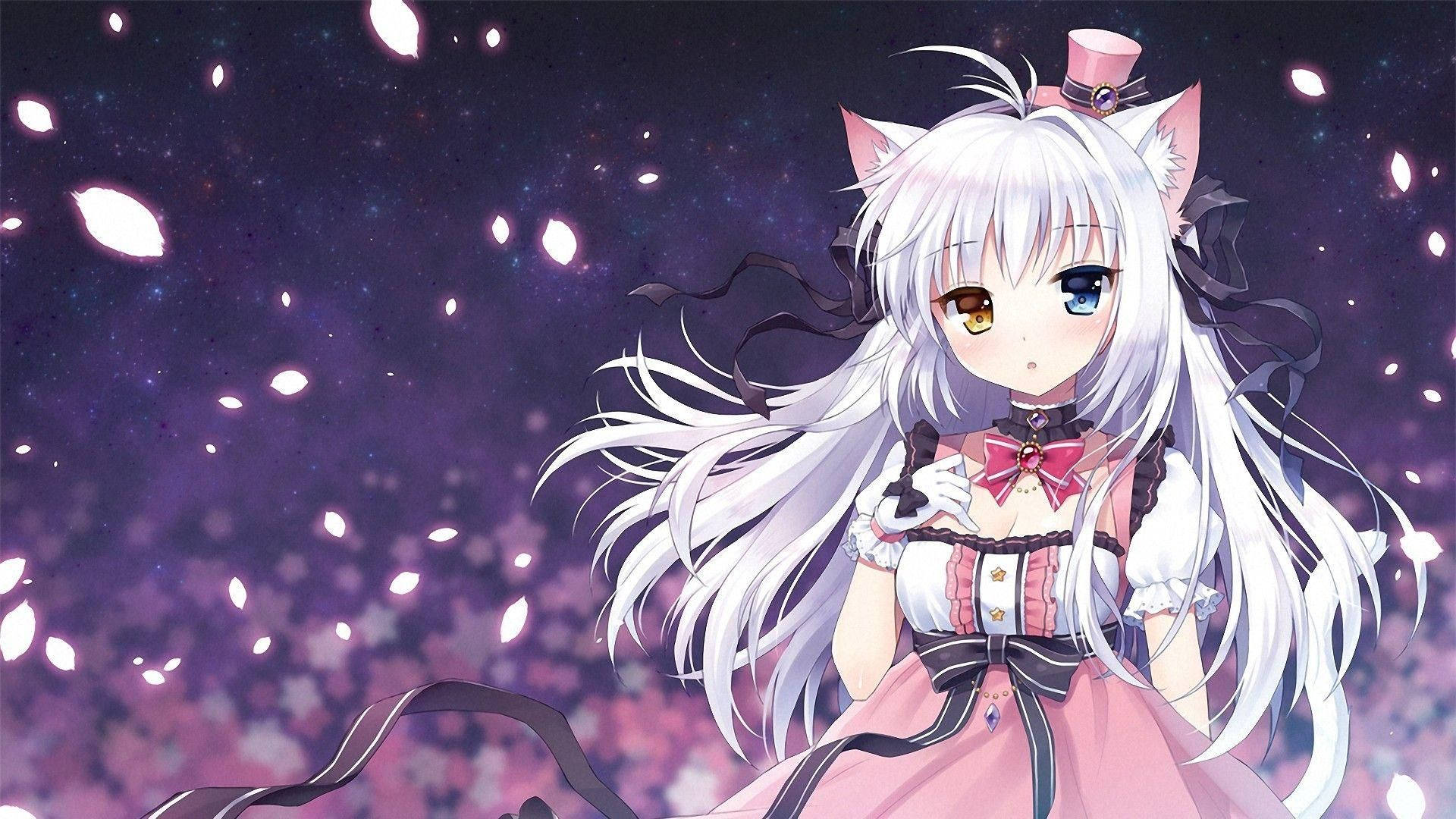 ピンクのドレスを着た白い髪の少女とピンクのリボン 壁紙
