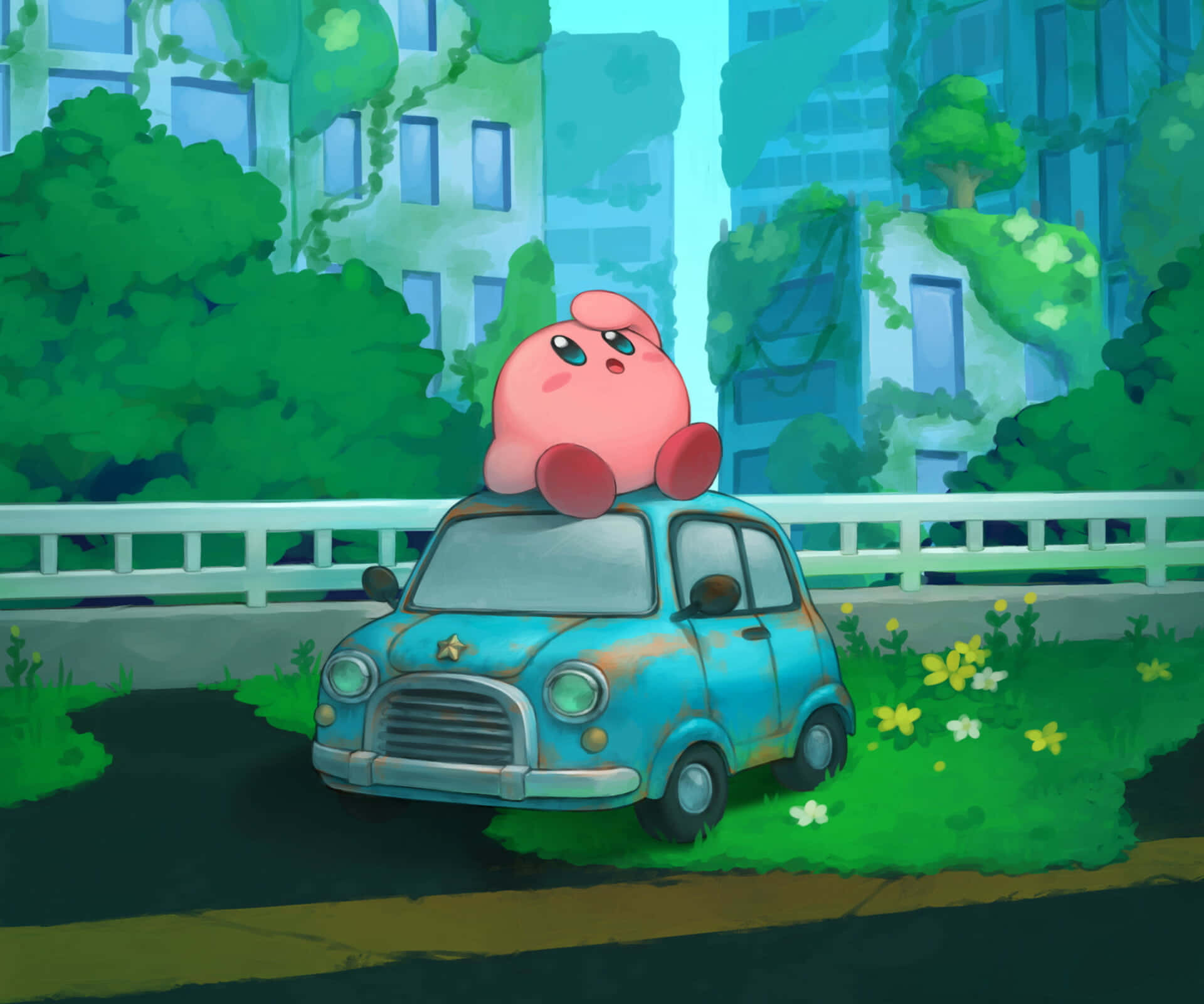 ピンクの空に浮かぶ雲の中のカービィ 壁紙