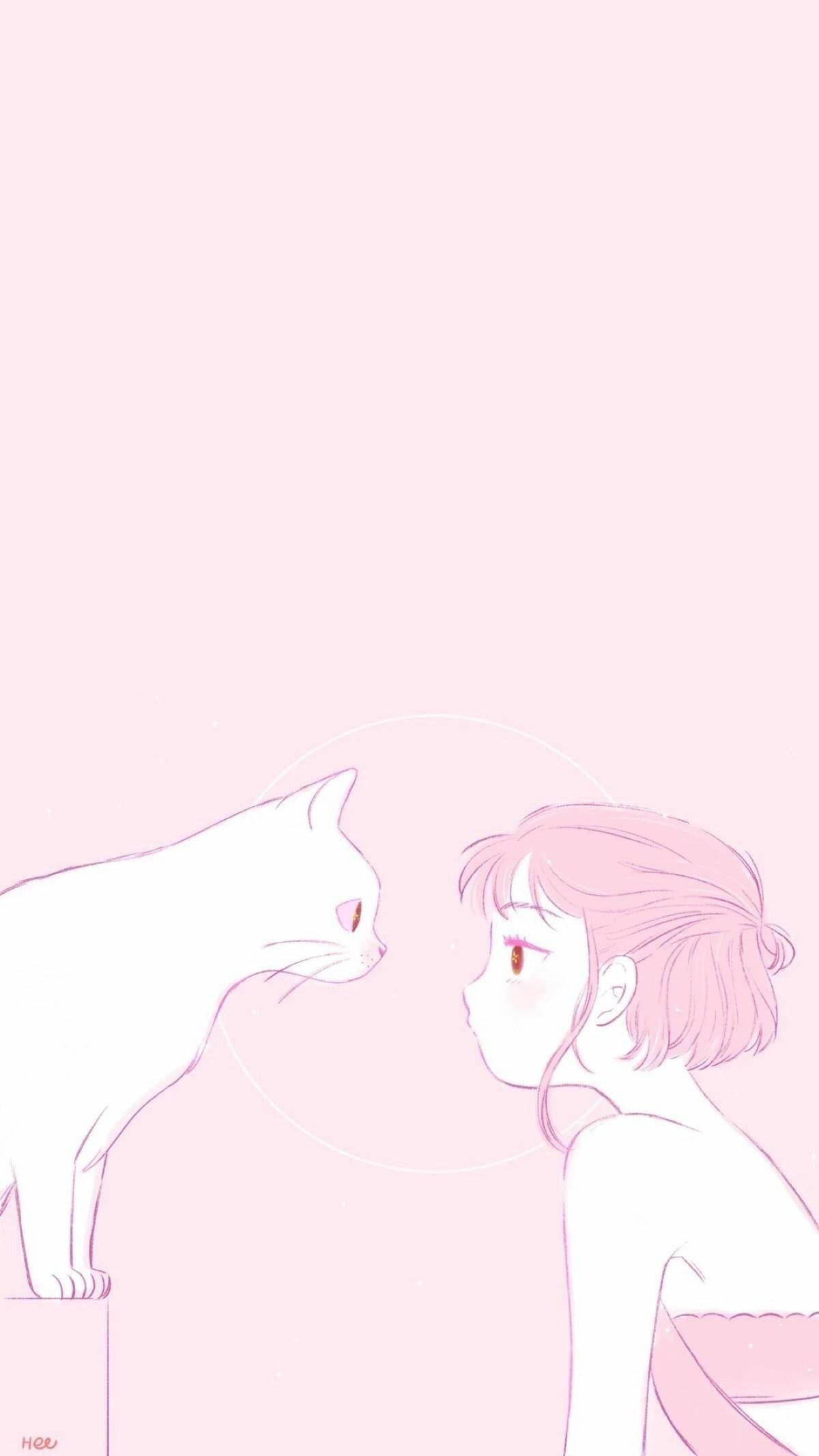 ピンクの美的アニメ猫と飼い主 壁紙