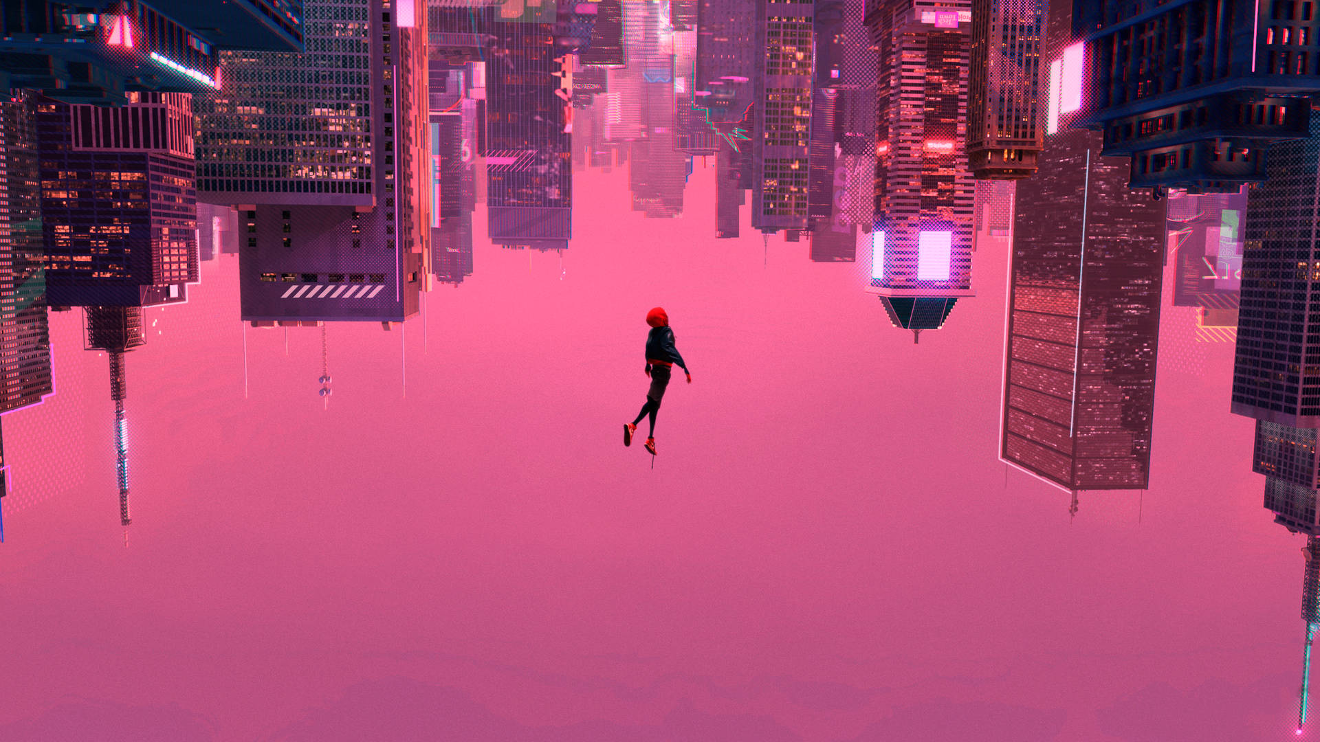 ピンクの美的壁紙で落下するスパイダーマン