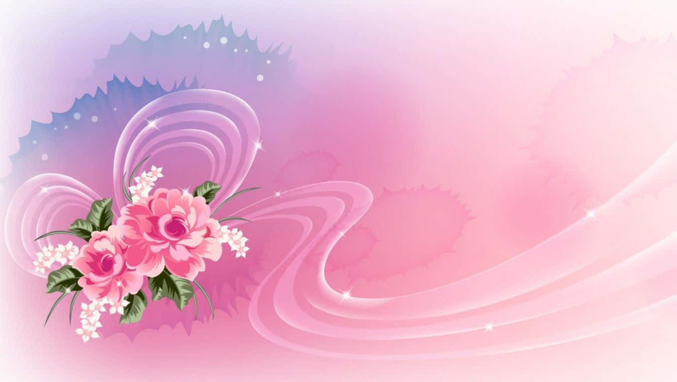 ピンクの背景に花と波模様 壁紙