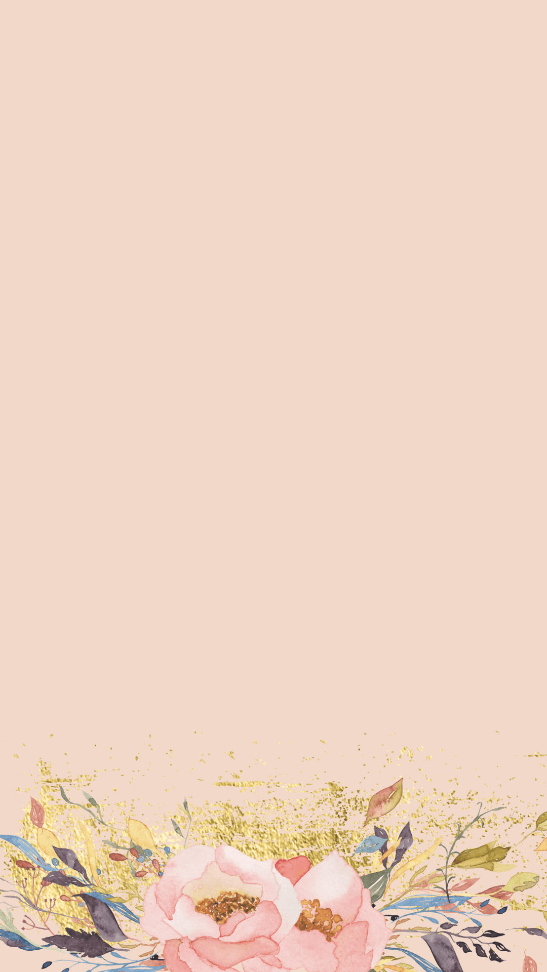ピンクの花柄背景に金の葉 壁紙