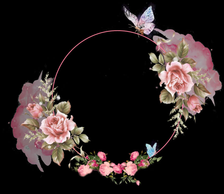ピンクの花輪と蝶 壁紙