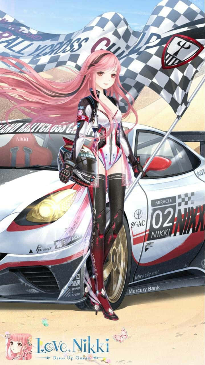 ピンクの髪の少女がレースカーの隣に立っている 壁紙