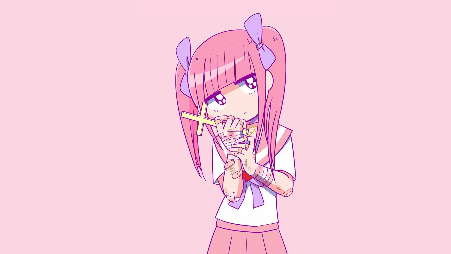 ピンクアニメ風メンヘラちゃん 壁紙