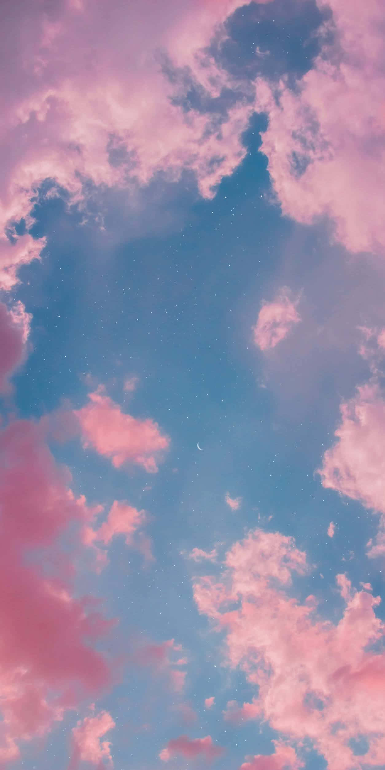 ピンク色の空に雲と月 壁紙