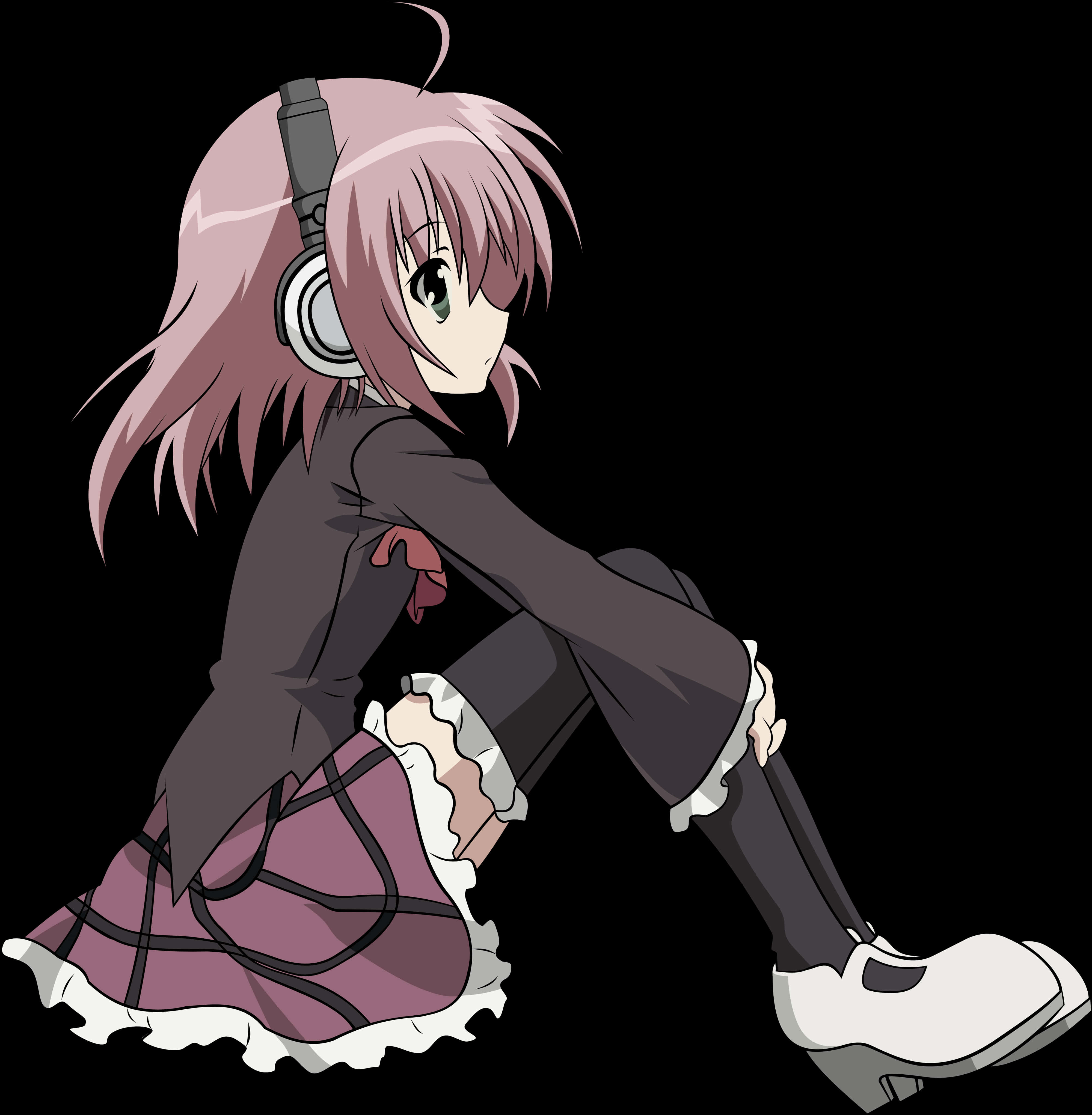 ピンク髪のアニメ少女とヘッドホン 壁紙