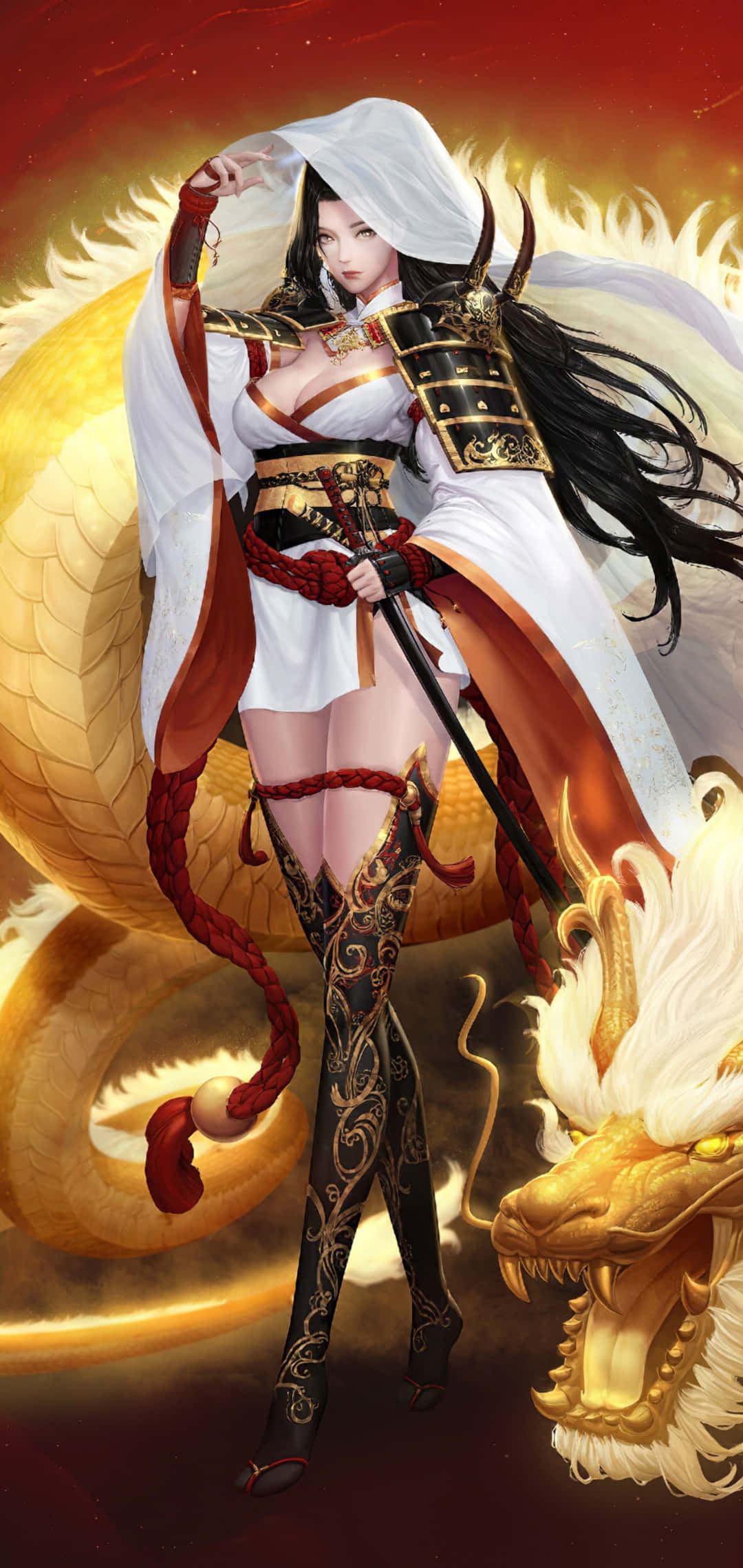 ファンタジー侍アニメガール 金色の龍 壁紙