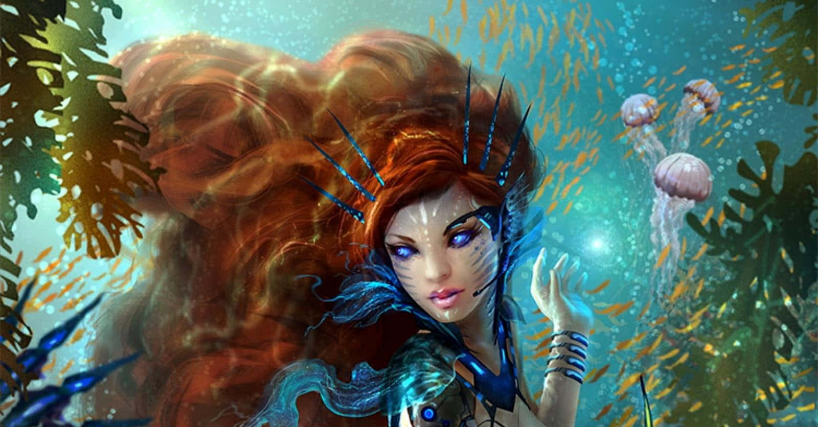 ファンタジーな赤毛の人魚カラー画像 壁紙