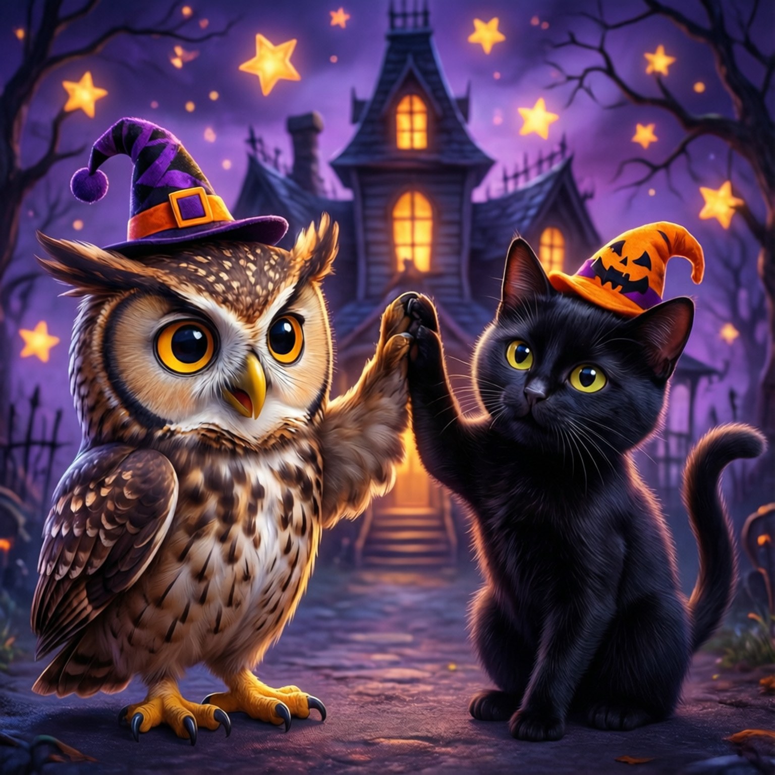 フクロウと猫のハイタッチ 壁紙