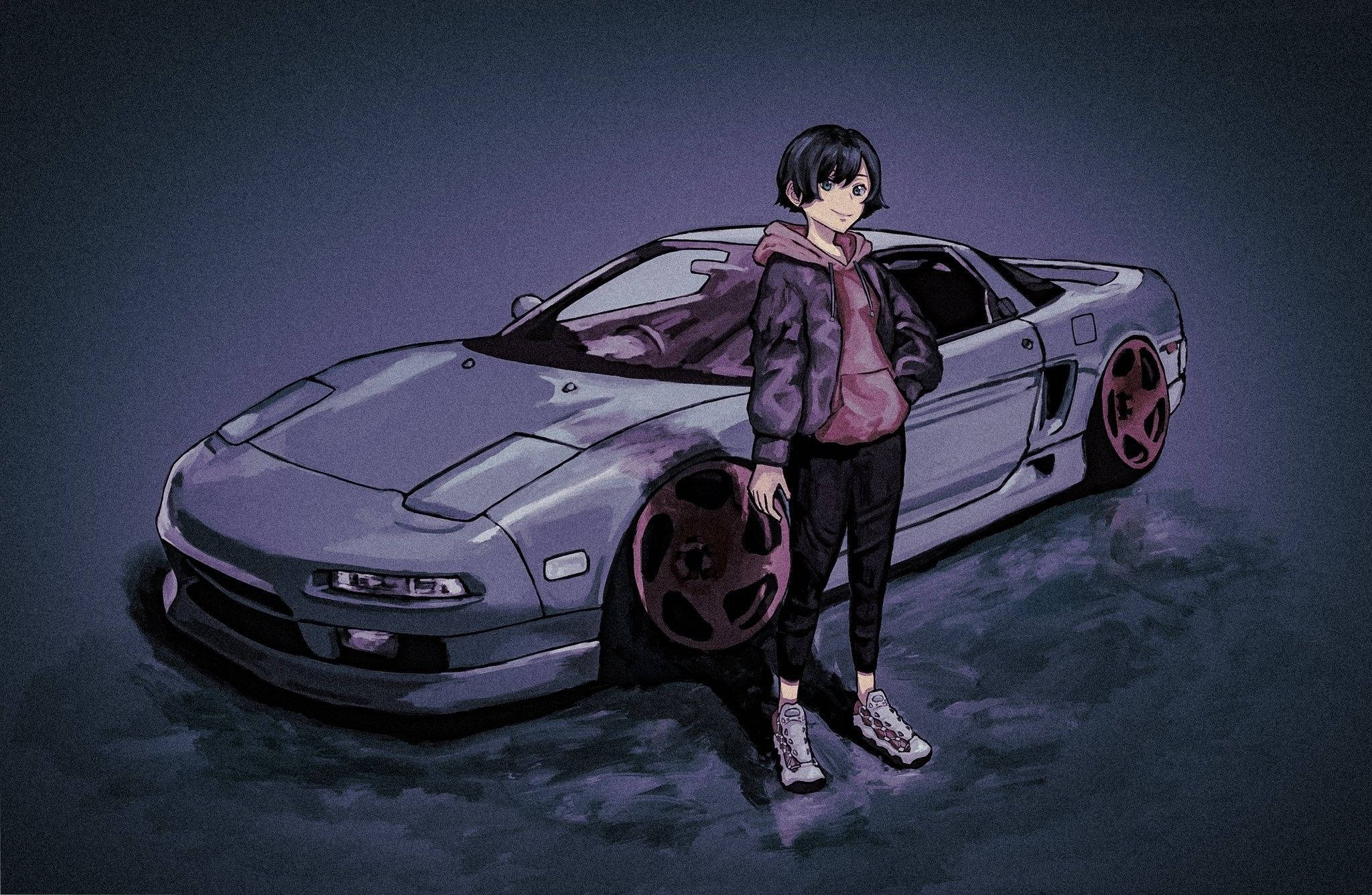 フードを着た少女と車の隣のアニメ 壁紙