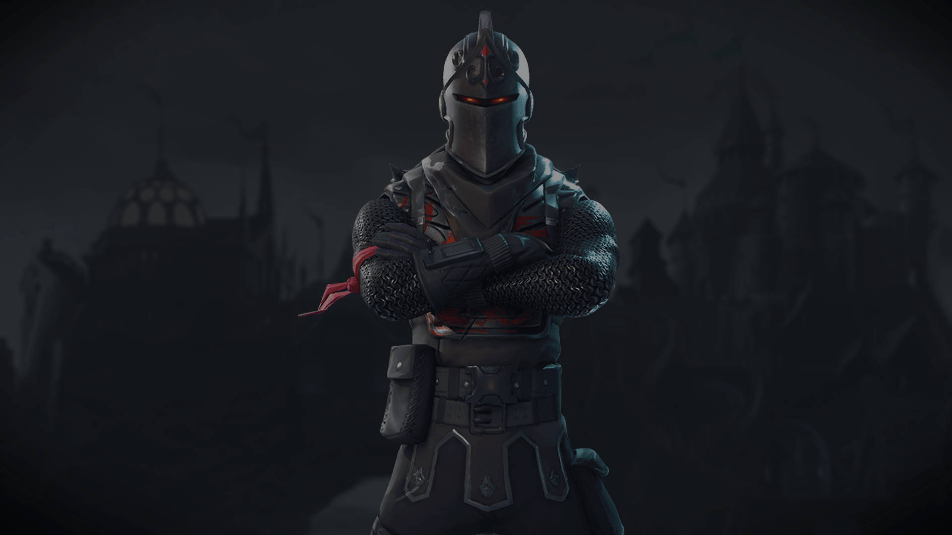 フォートナイトのブラックナイトスキンが暗い城のシルエットを背景にしたHD壁紙