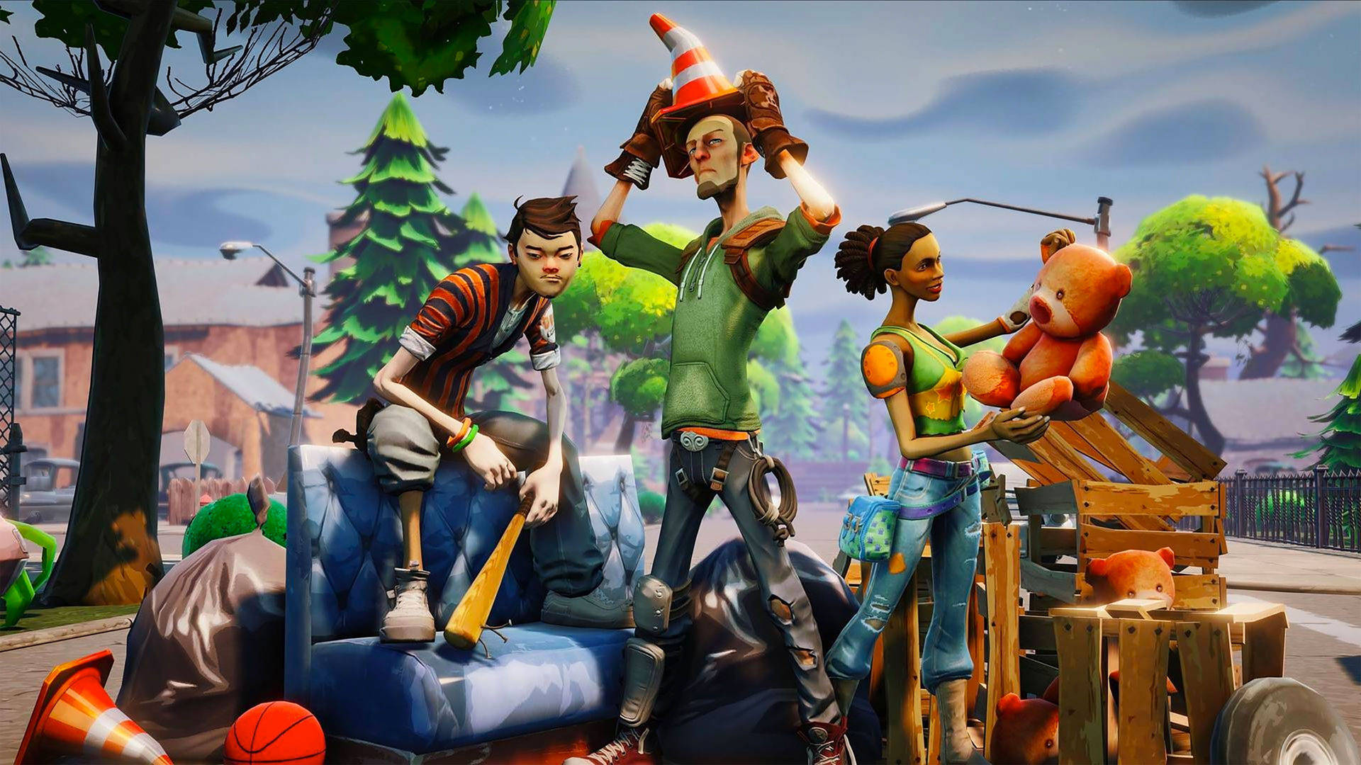 Fortniteの3人のキャラクターが街中でポーズをとるHD壁紙