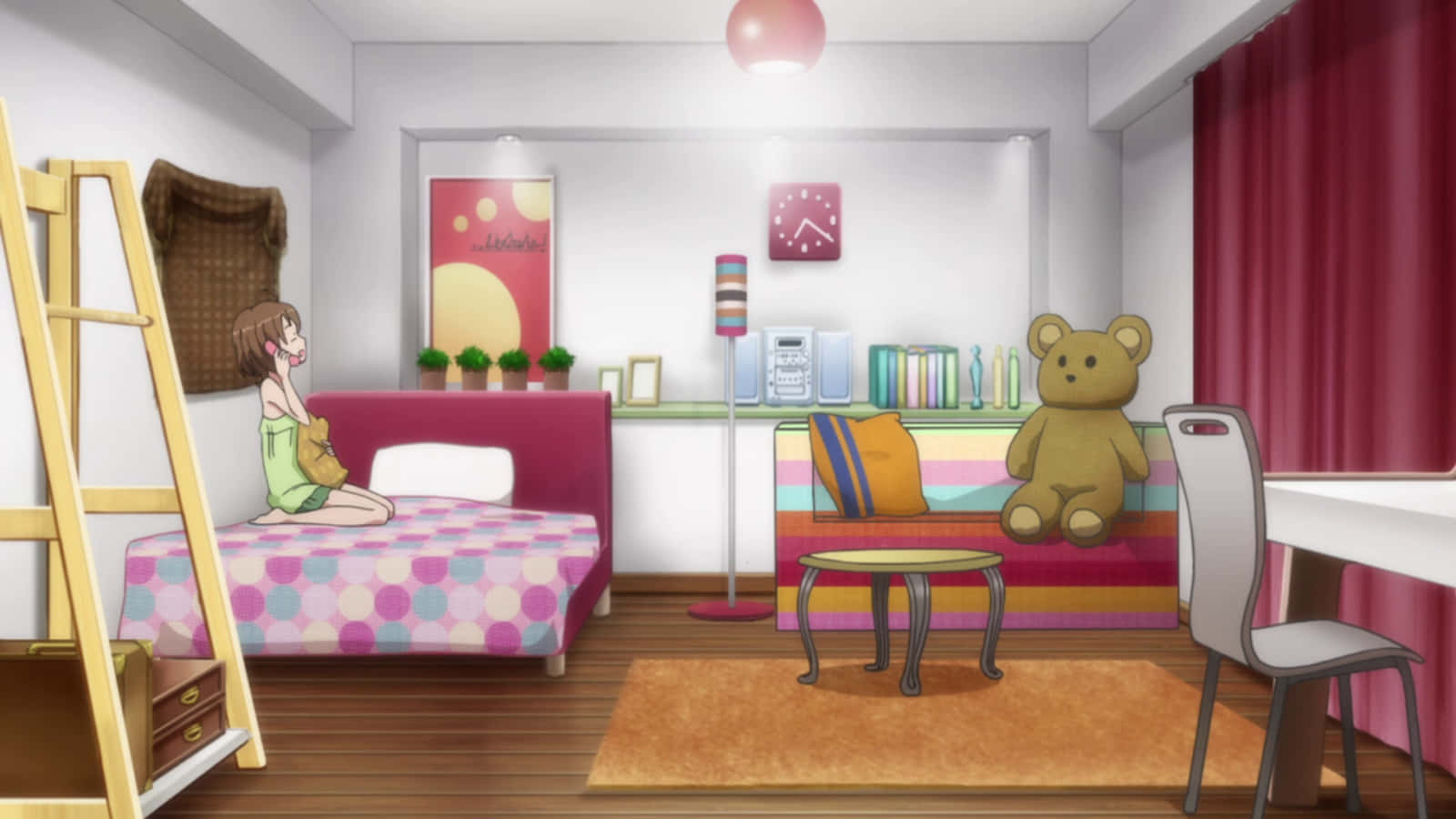 ベッド、机、そしてぬいぐるみのクマが置かれた部屋 壁紙