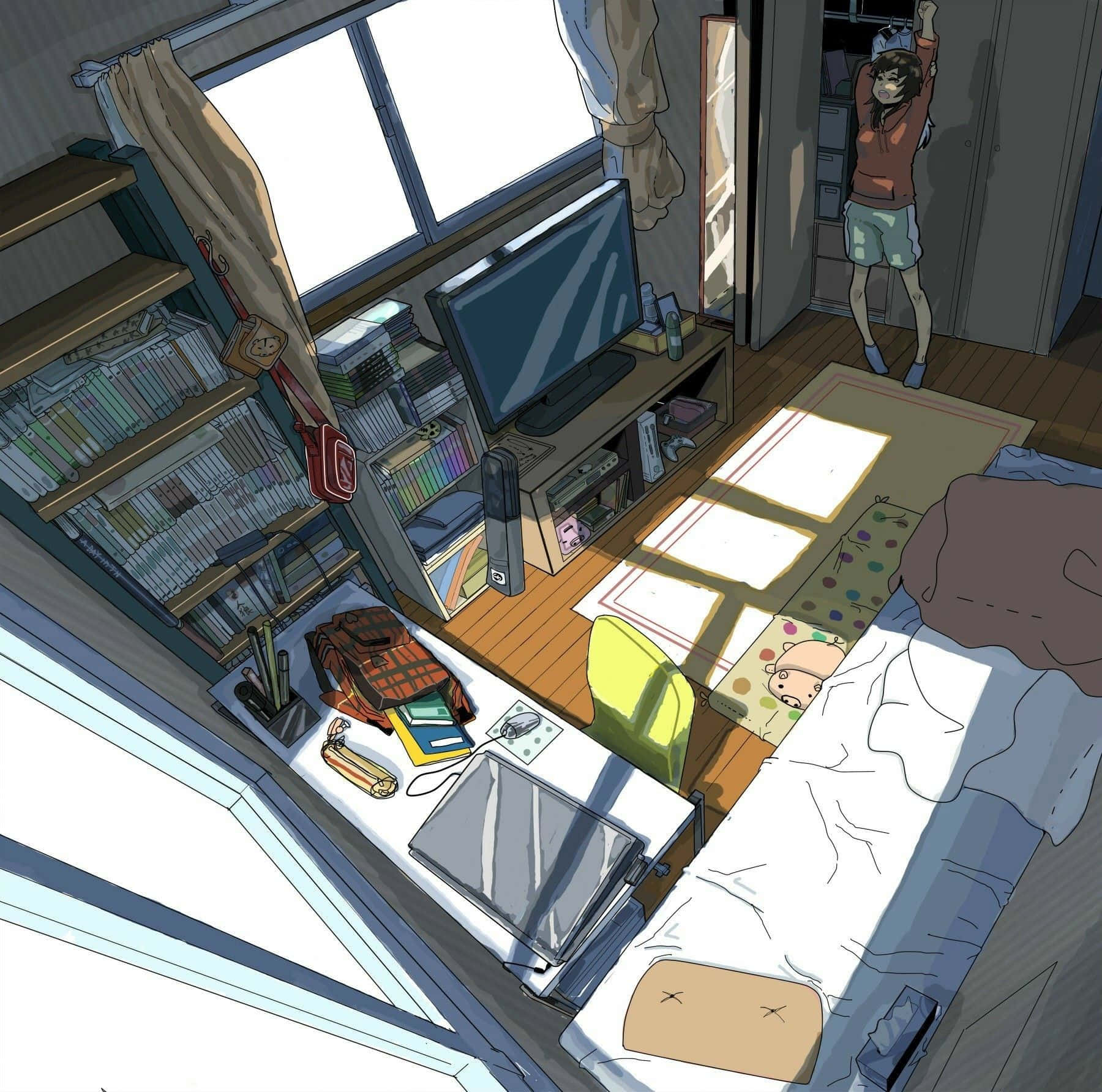 ベッドとテレビのある部屋 壁紙