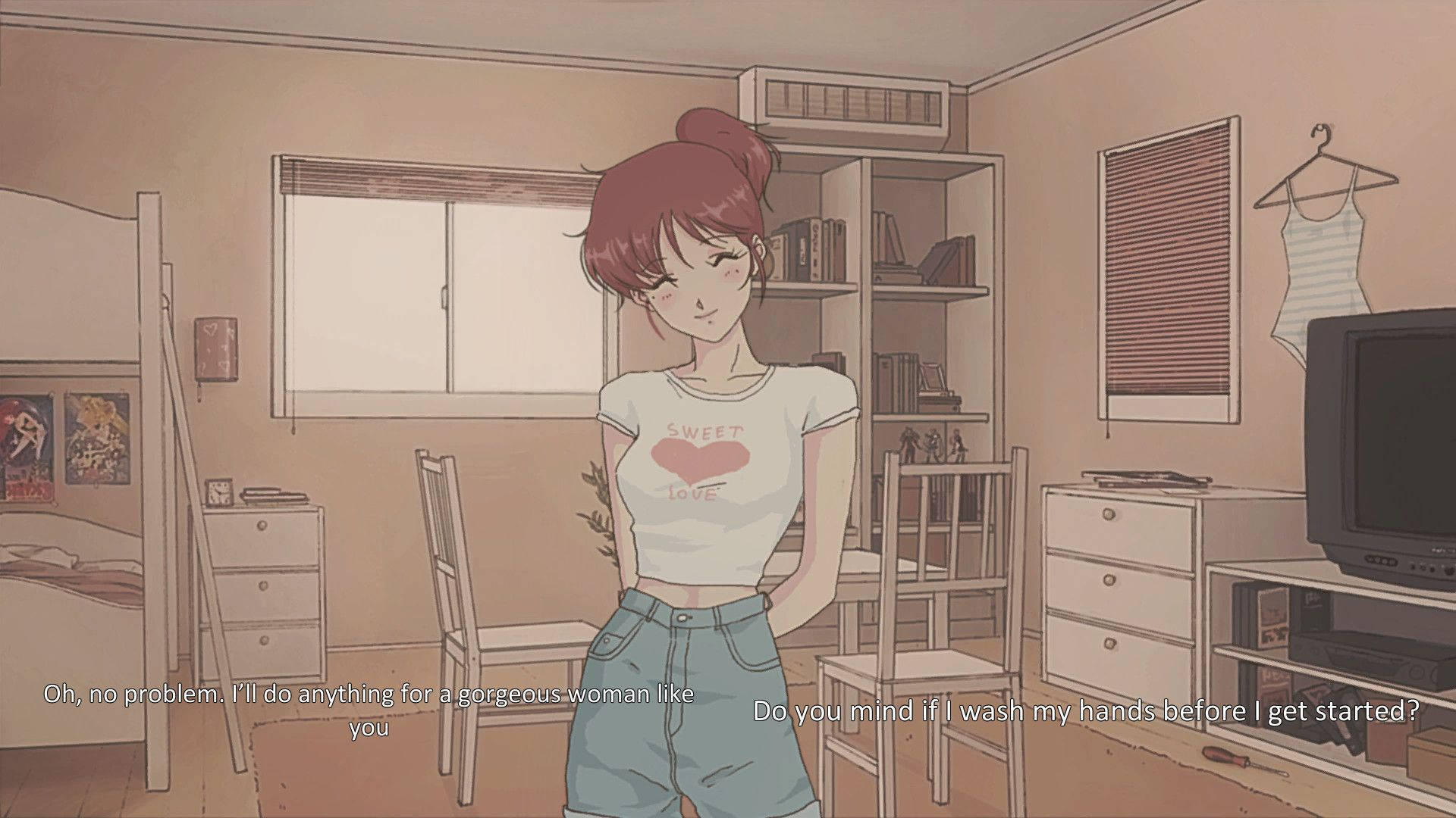 ベッドと机のある部屋にいる少女 壁紙