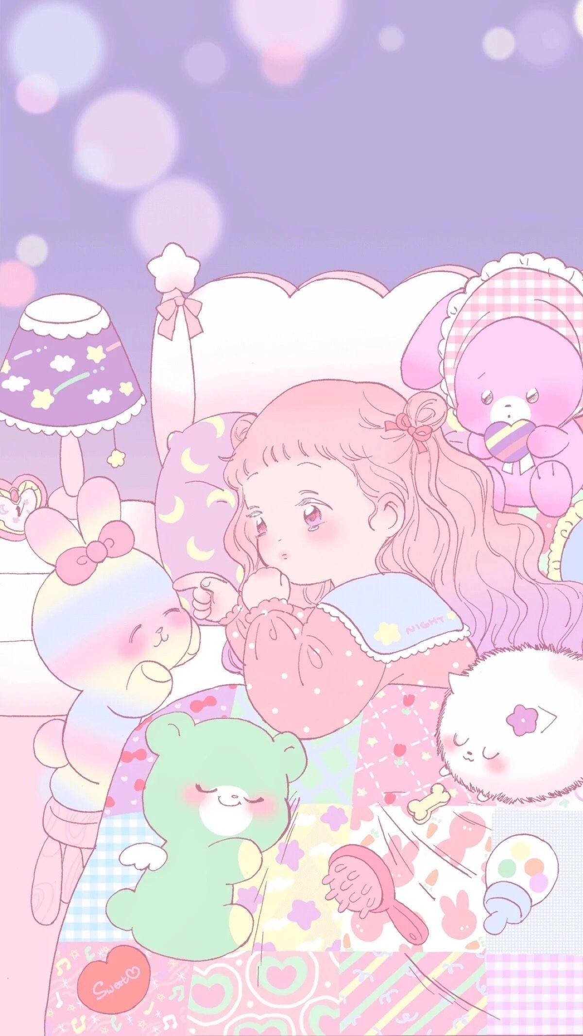ベッドの上のかわいいアニメ少女とぬいぐるみ 壁紙