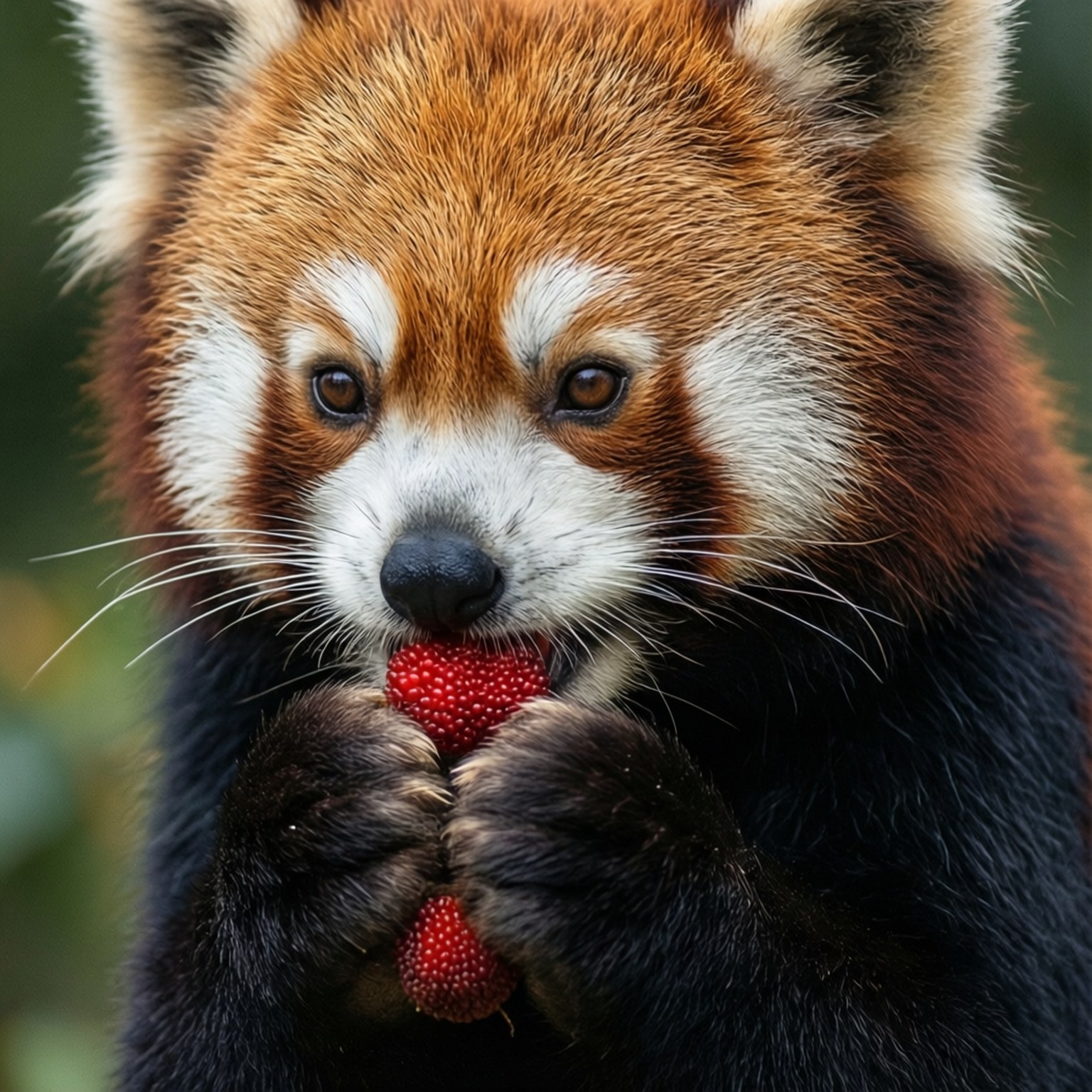 ベリーを食べるレッサーパンダのクローズアップ 壁紙