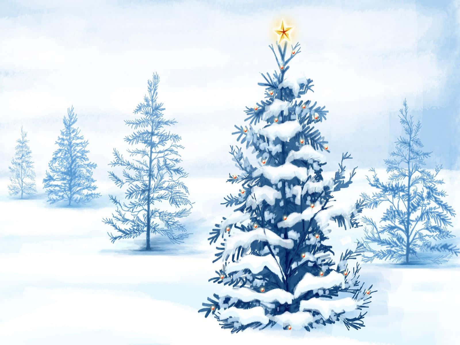 ホワイトクリスマスツリーと星の飾り 壁紙