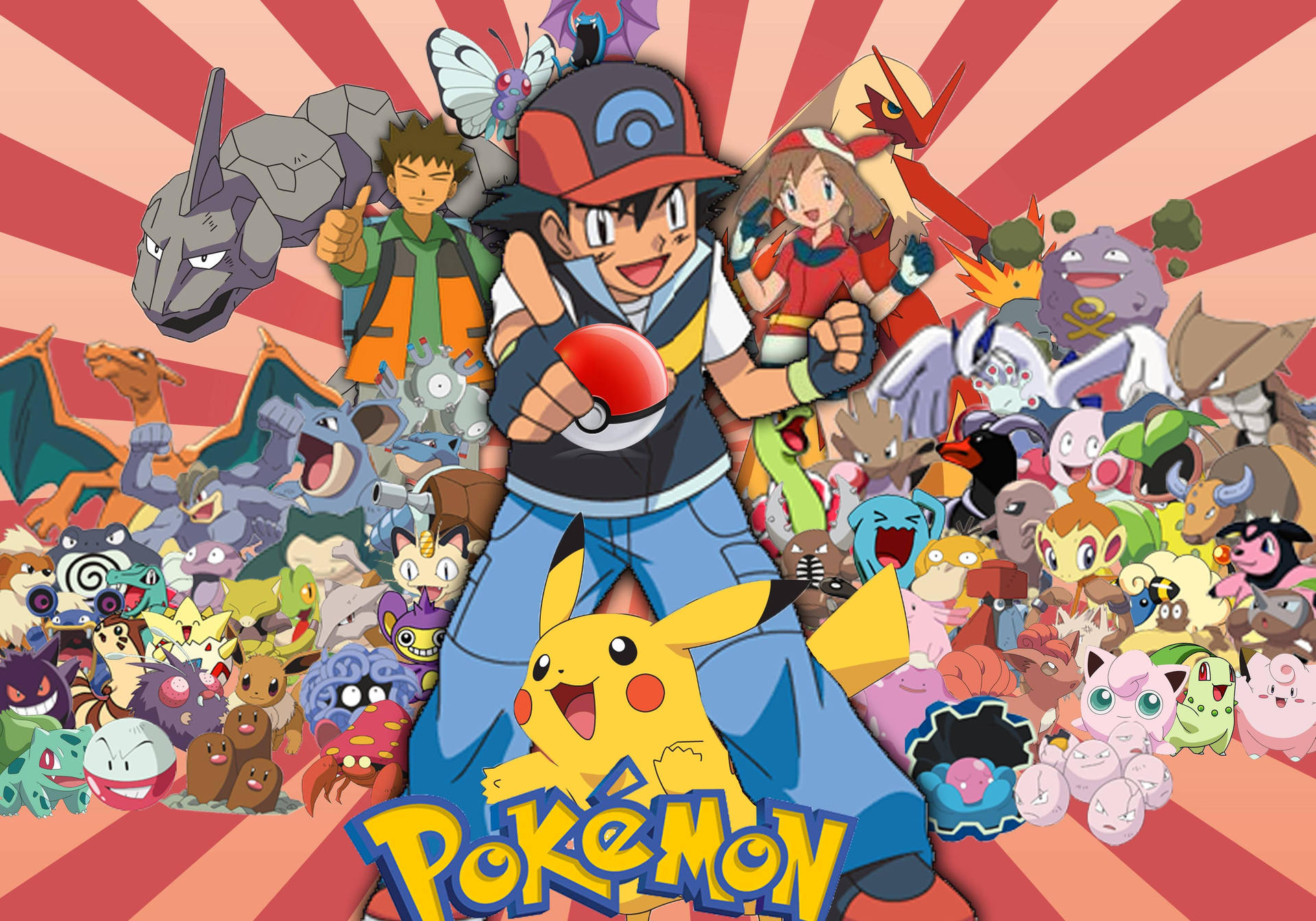 サトシ、タケシ、カスミ、ピカチュウ、その他のポケモンが登場するポケモンキャラクター