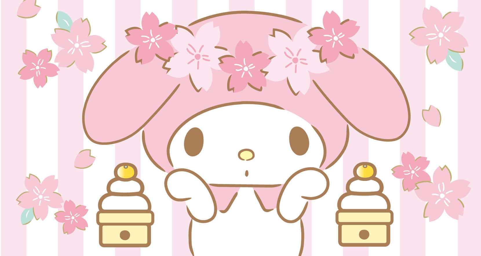 マイメロディ デスクトップ ケーキとピンクの花 壁紙